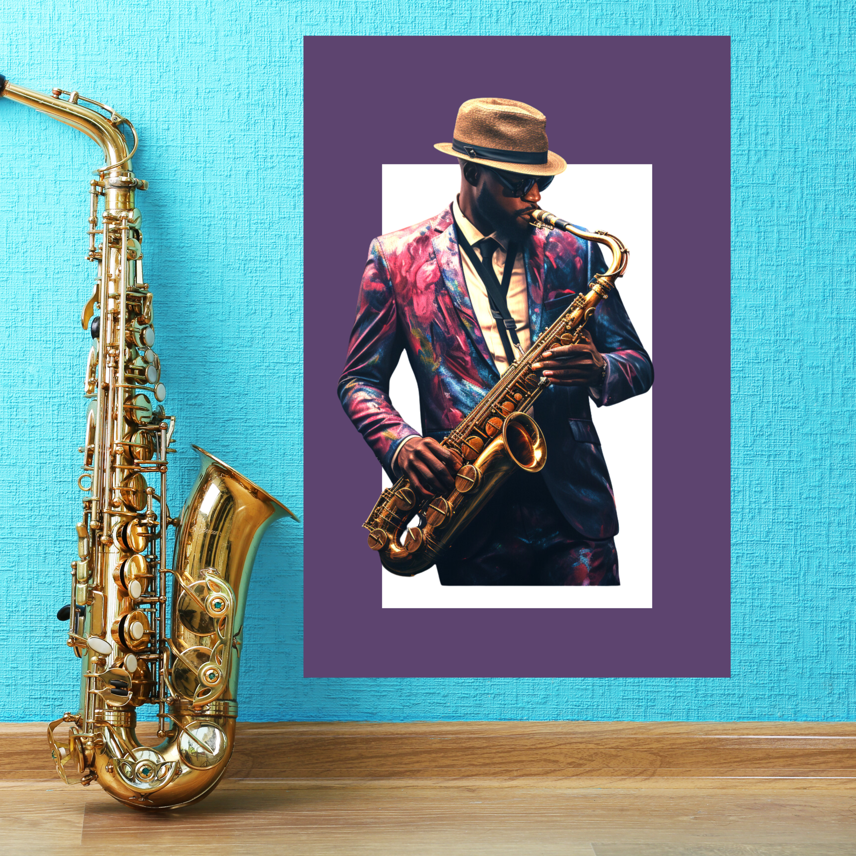 Sax man large wall canvas, he does it with style.
