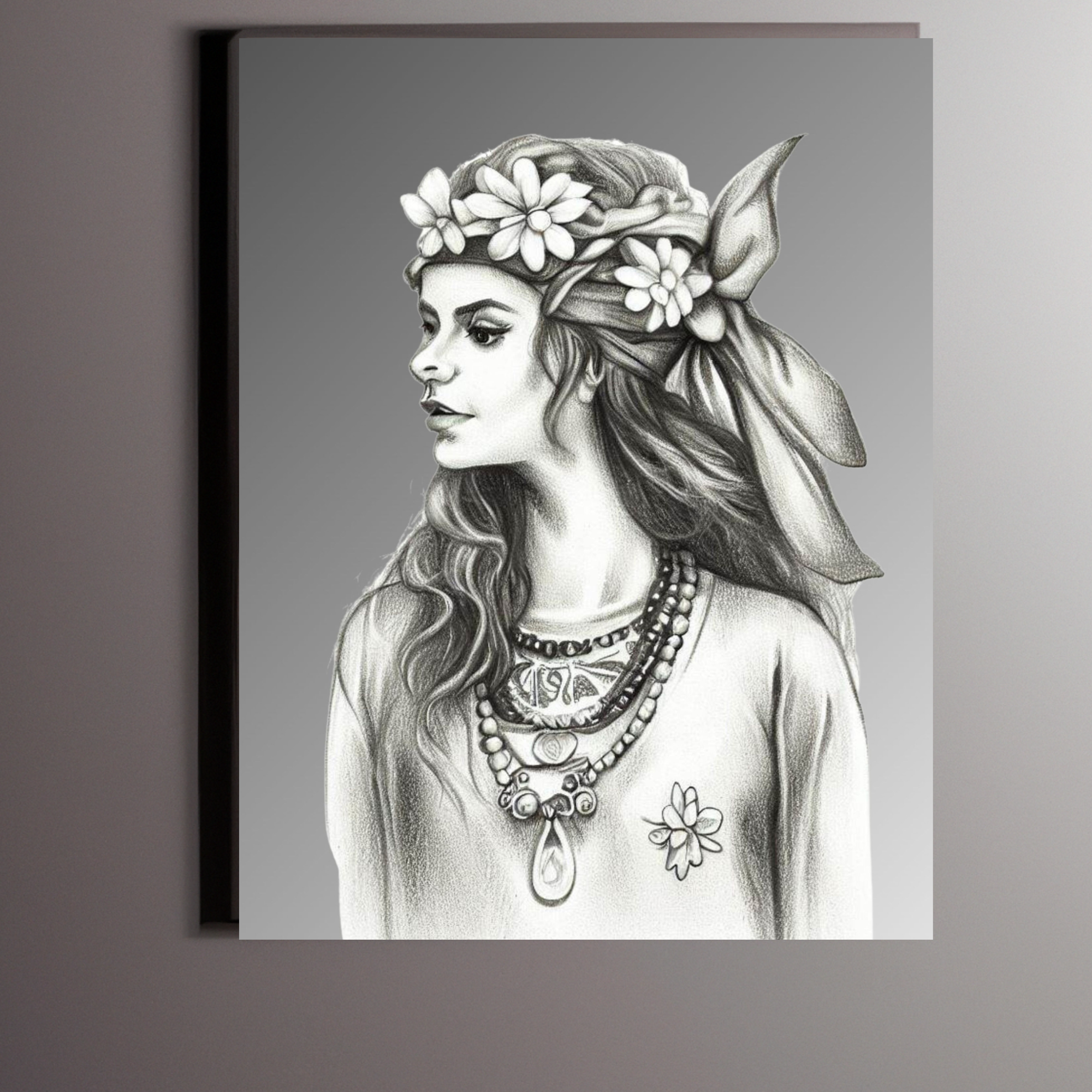 Hippie Girl of the 60,s, pencil sketched pretty hippie girl. Canvas wall art.