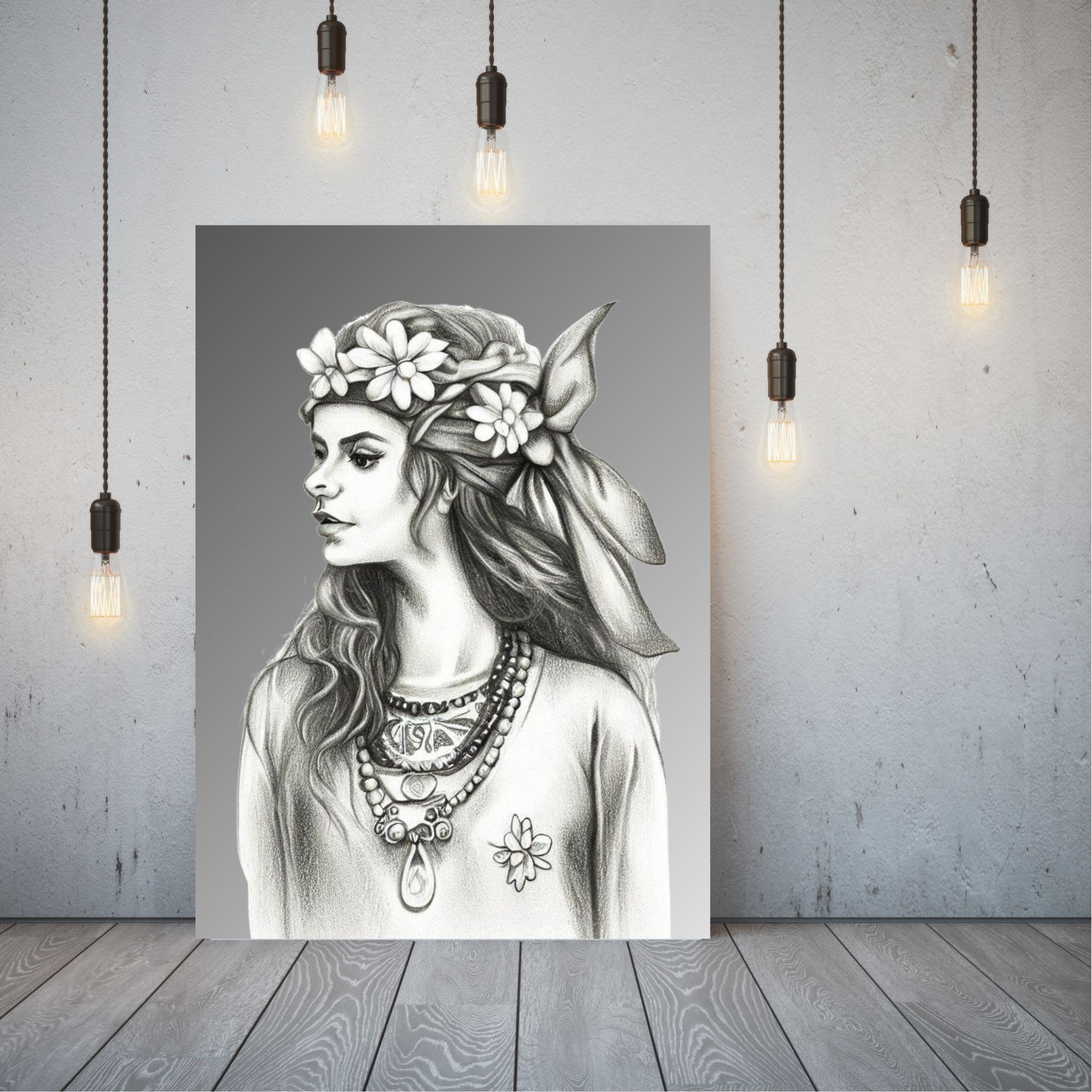 Hippie Girl of the 60,s, pencil sketched pretty hippie girl. Canvas wall art.