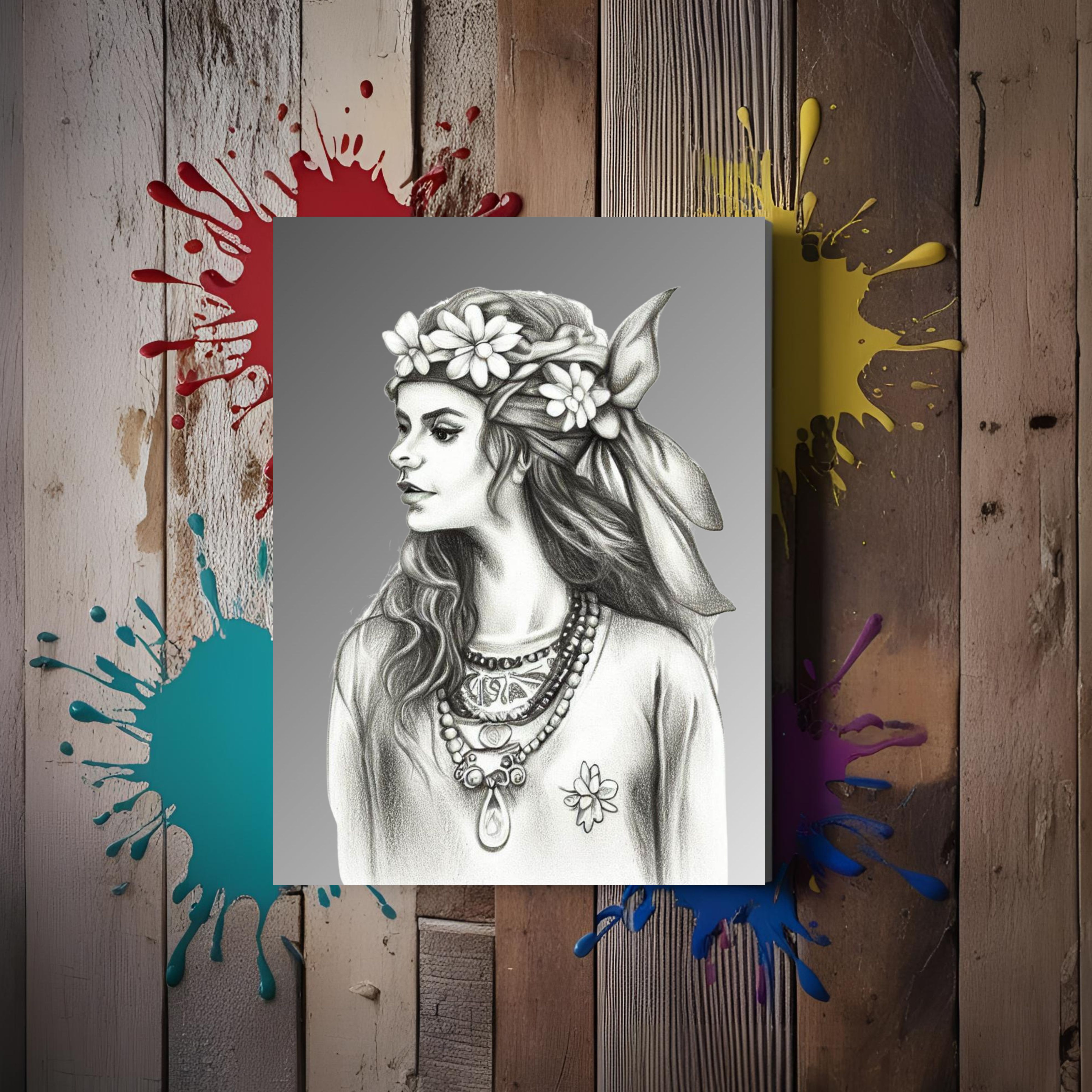 Hippie Girl of the 60,s, pencil sketched pretty hippie girl. Canvas wall art.