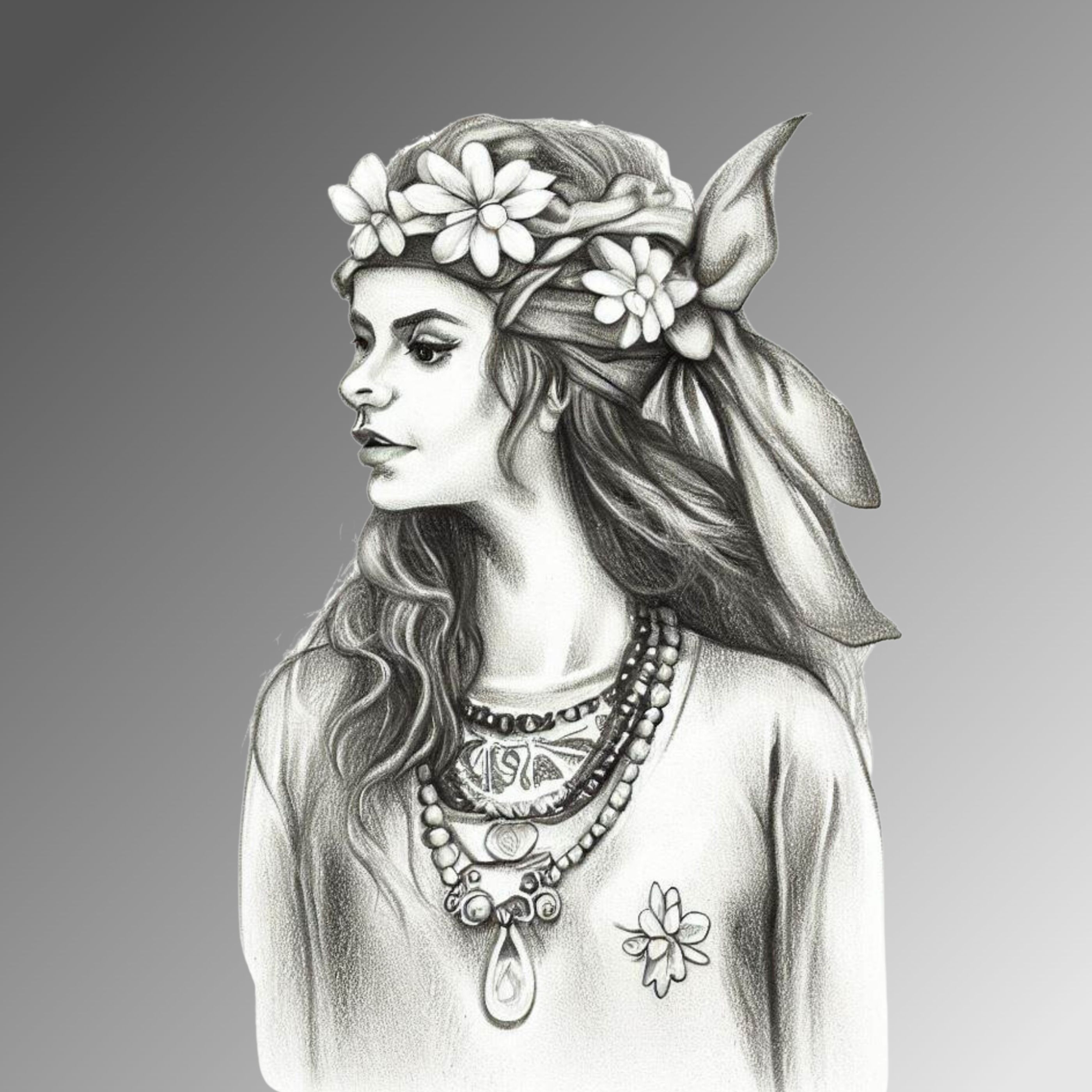 Hippie Girl of the 60,s, pencil sketched pretty hippie girl. Canvas wall art.