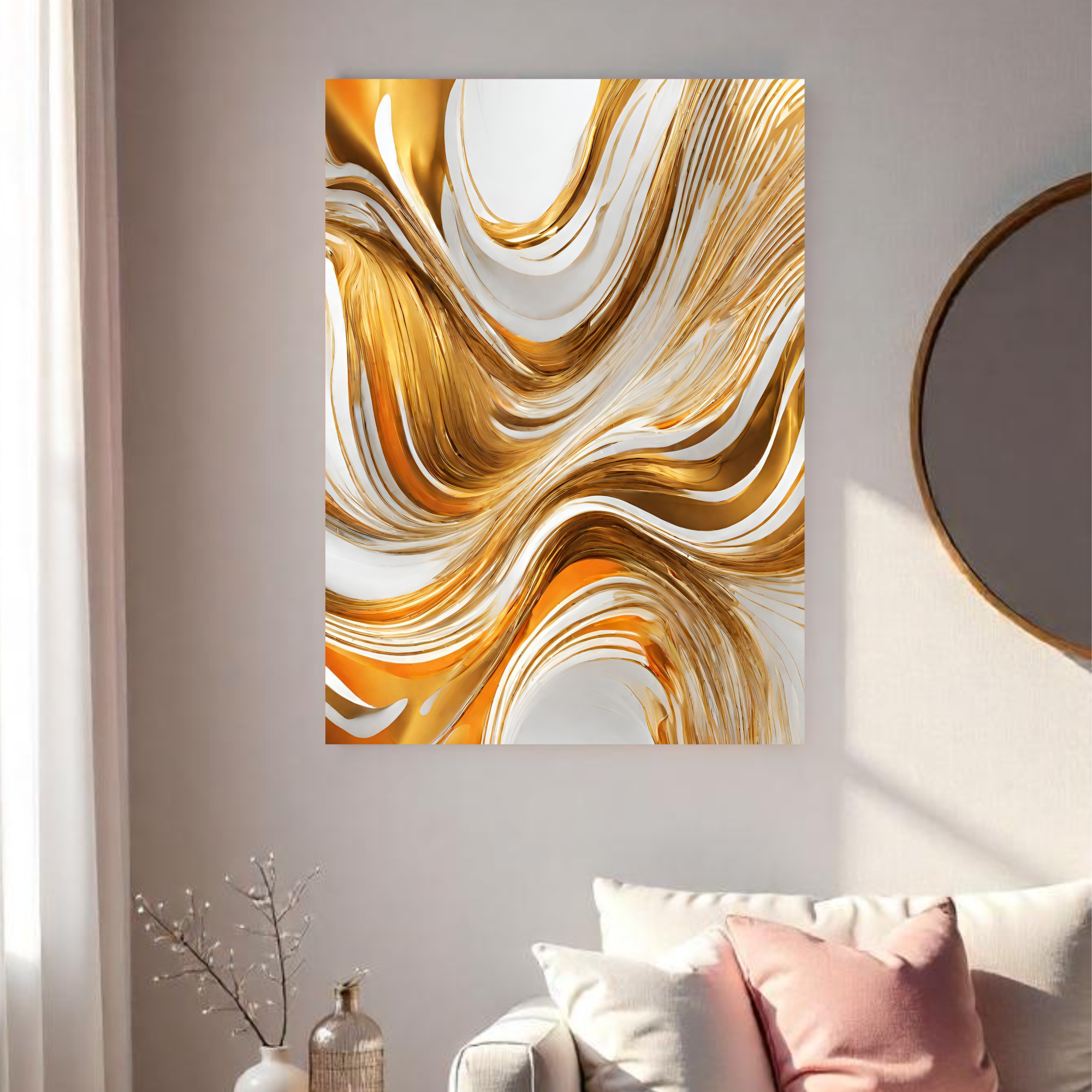 Golden Abstract with Swirls and Hues of Shading, Large canvas 40 x 60 inches