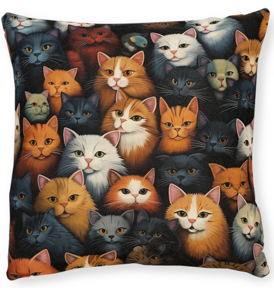 Cat Lovers Cushion, All over cat print on a faux suede cushion. 