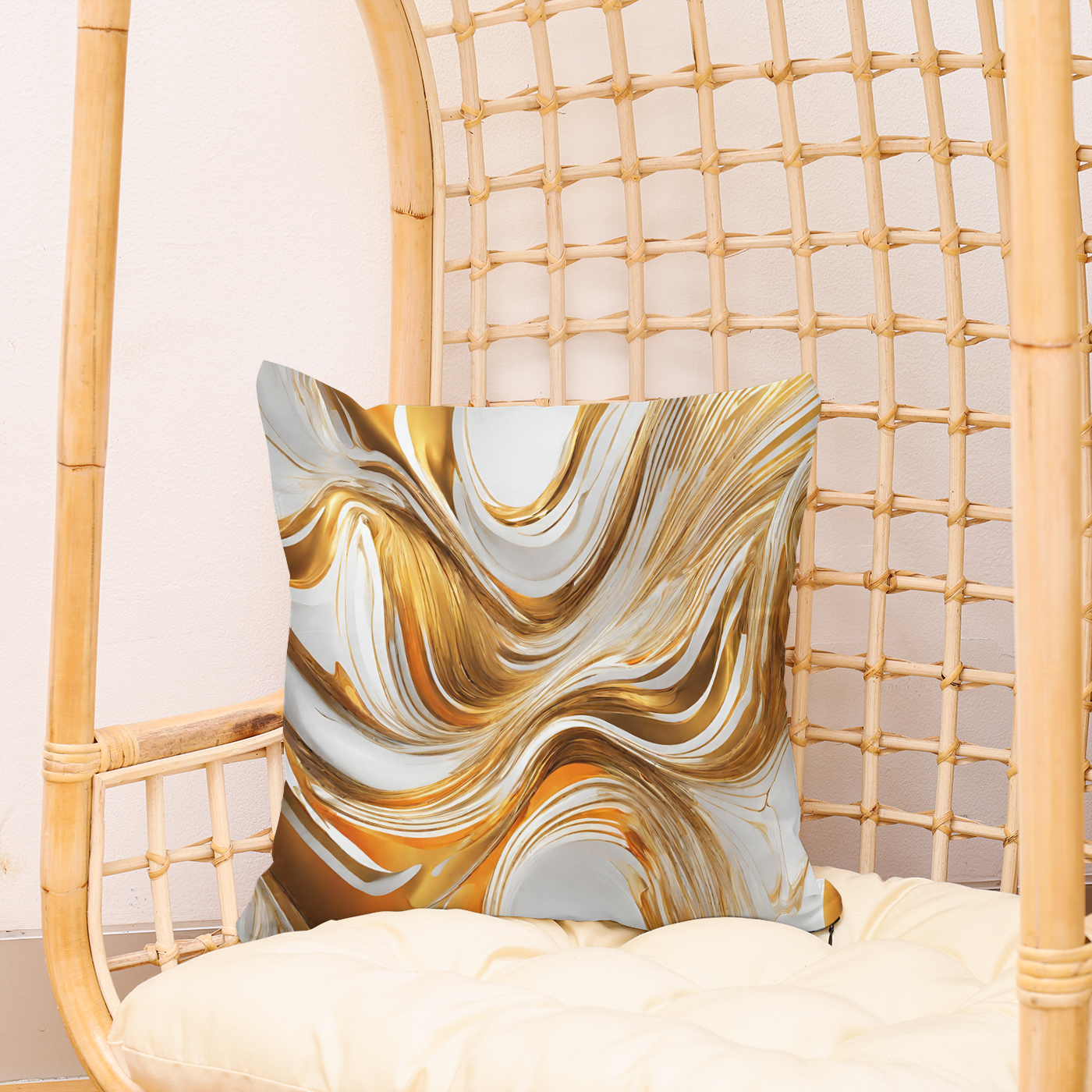 Abstract Cushion in gold white and brown swirls.  ideal for all areas,