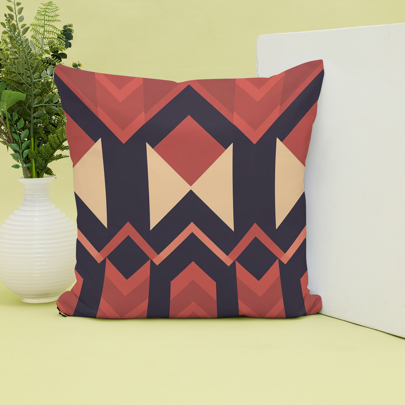 Cushion with a modern geometric design, solid colours.