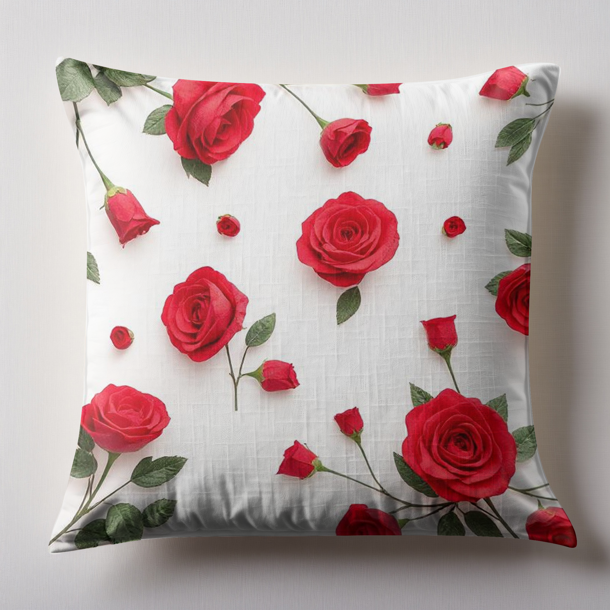 Floral Print Cushion, red roses on a white background