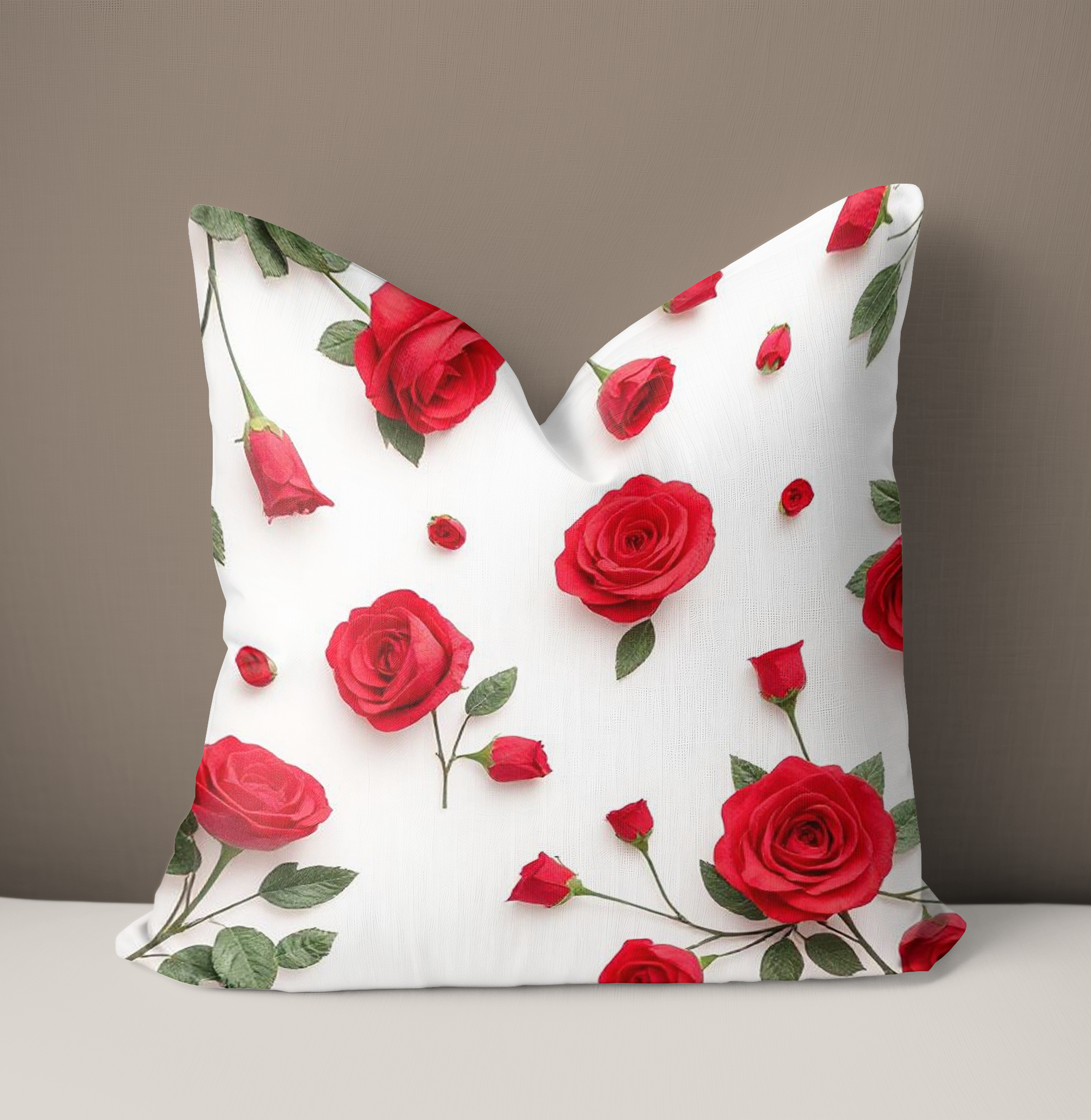 Floral Print Cushion, red roses on a white background