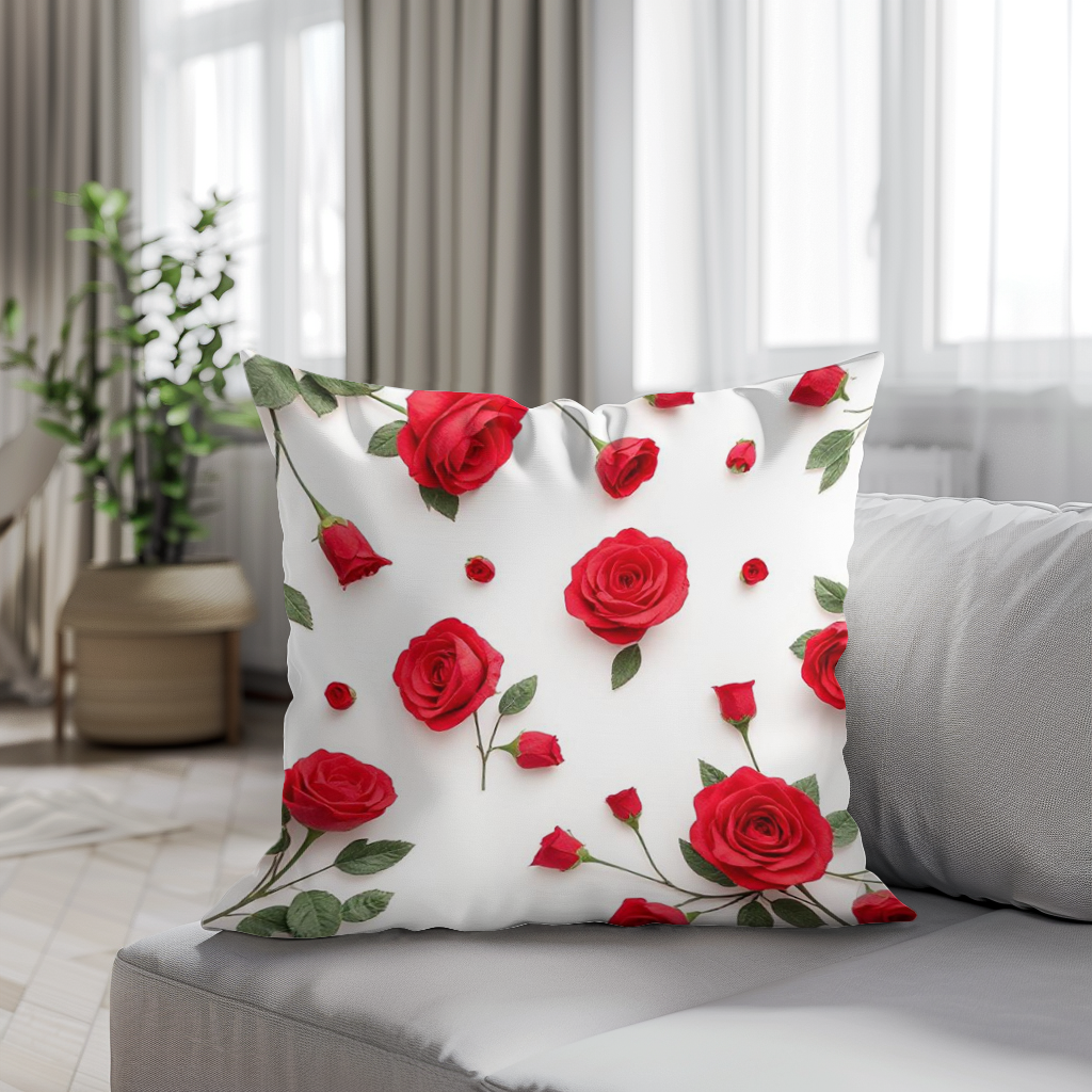 Floral Print Cushion, red roses on a white background