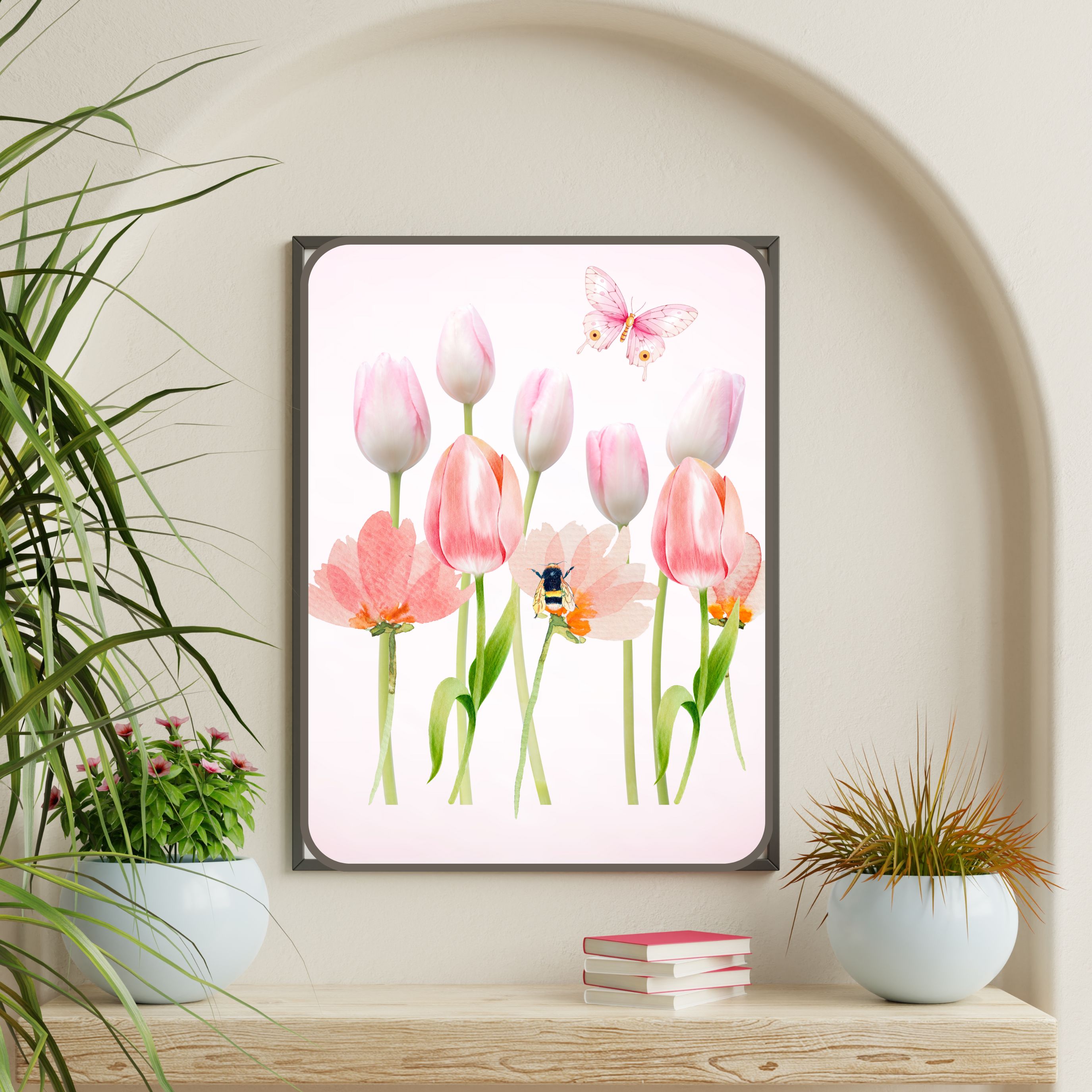Canvas wall art of nature, flowers , bees and a butterfly.