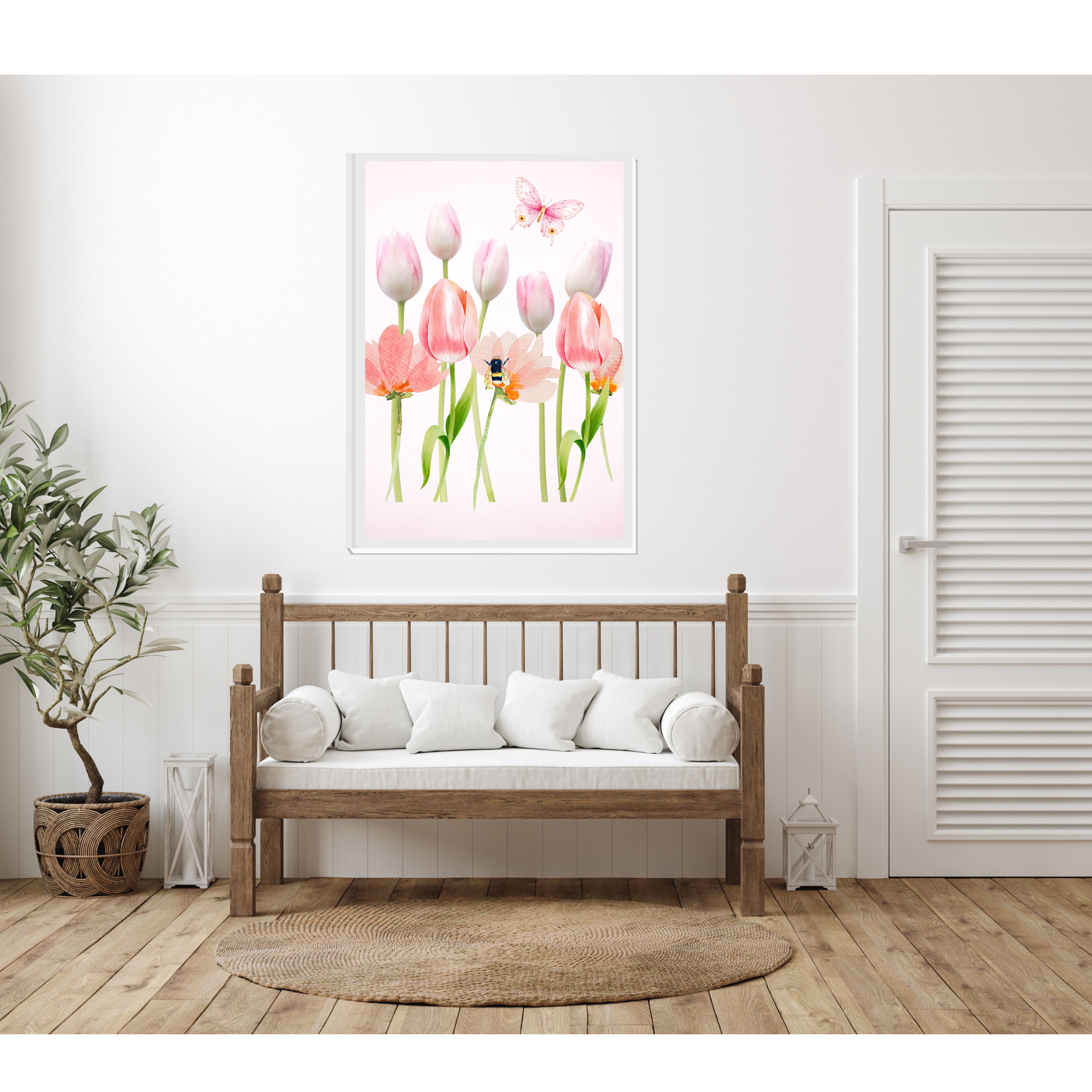 Canvas wall art of nature, flowers , bees and a butterfly.