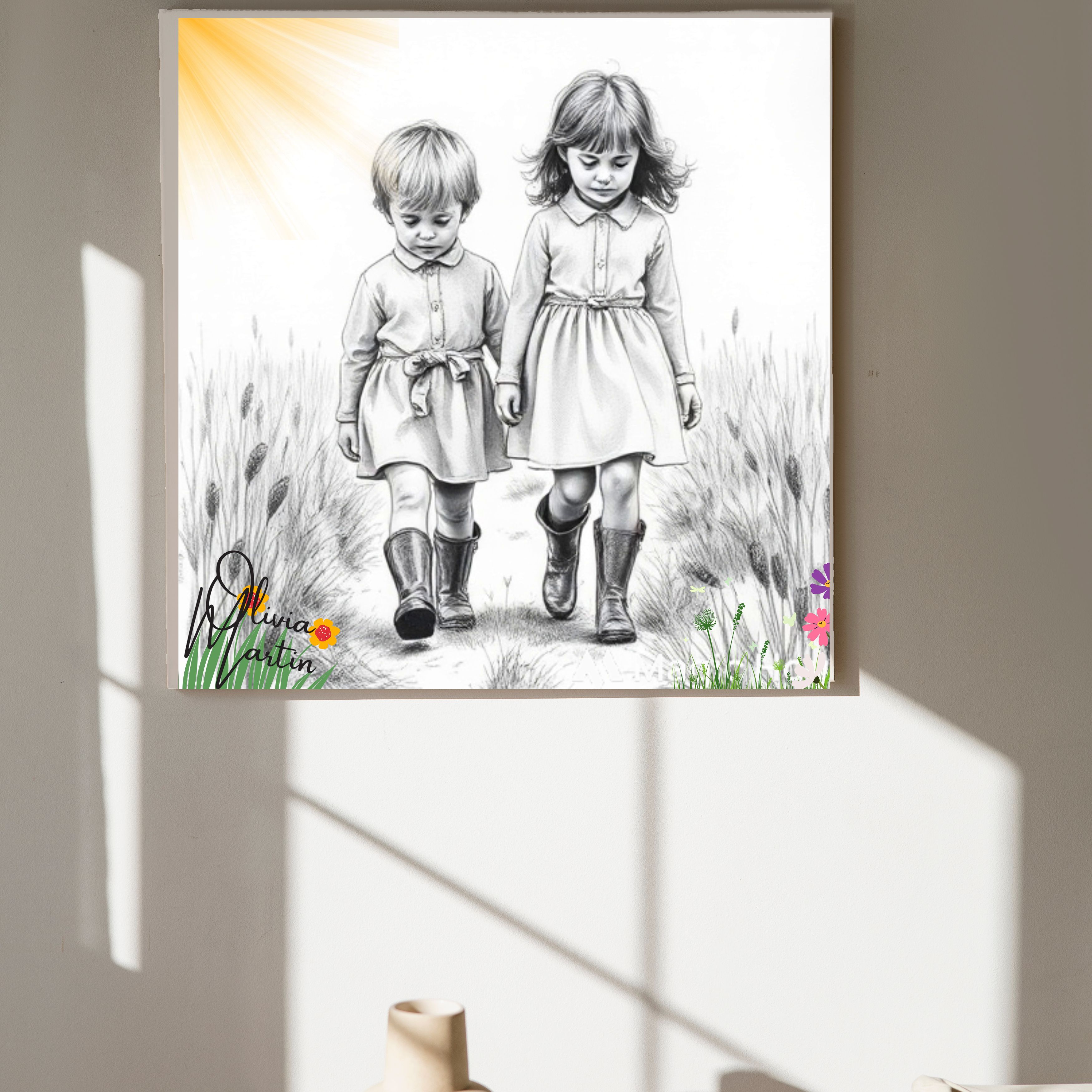 Canvas Wall Art, Two Kiddies Walking in their Wellies