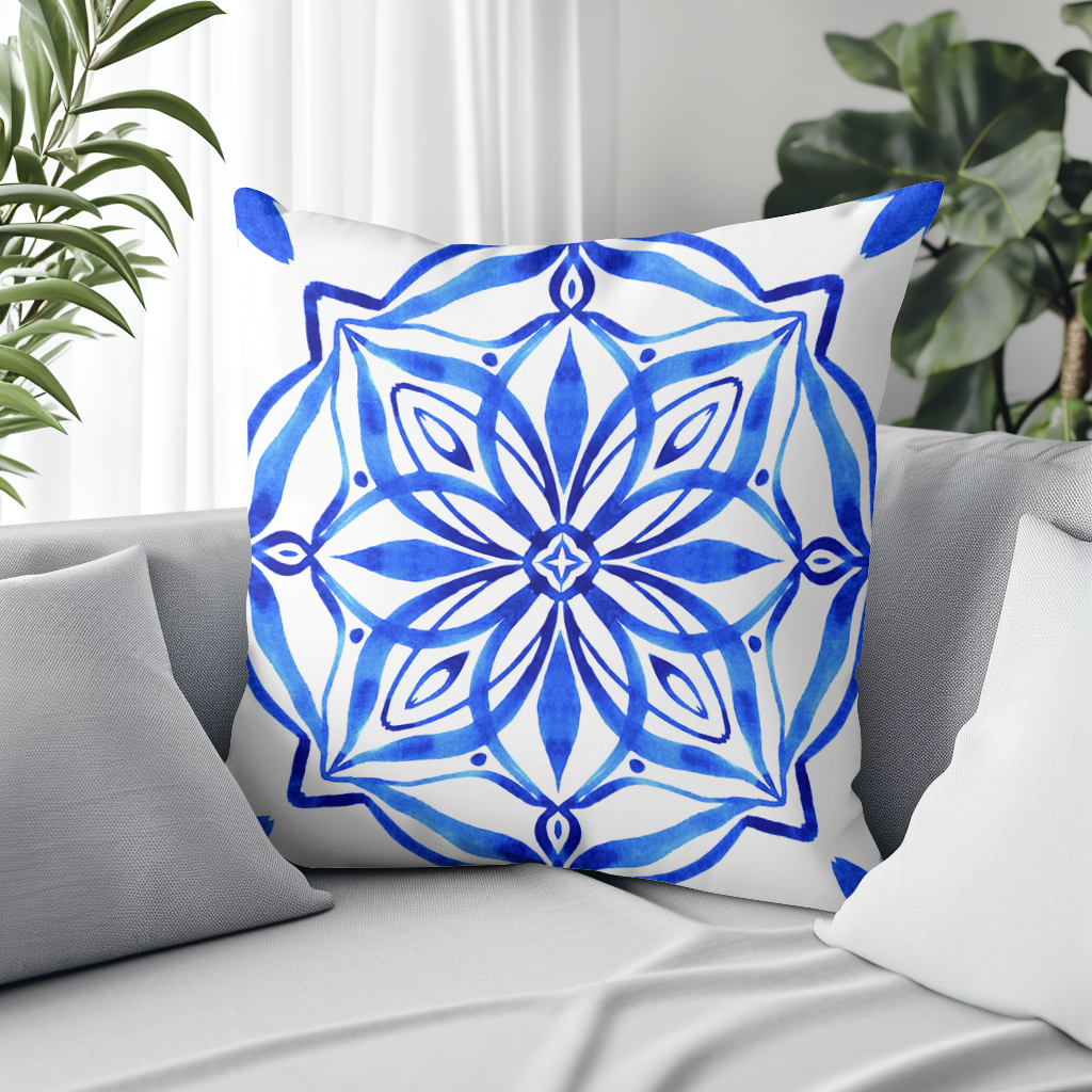 Blue and white geometric designed cushion, fresh and modern looking.