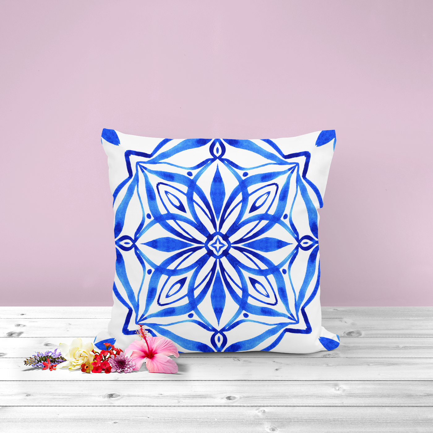 Blue and white geometric designed cushion, fresh and modern looking.