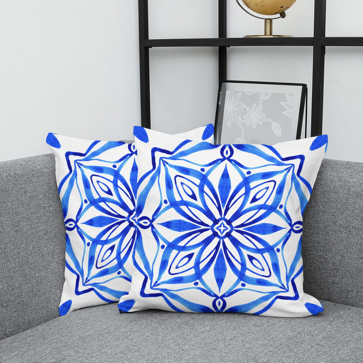 Blue and white geometric designed cushion, fresh and modern looking.