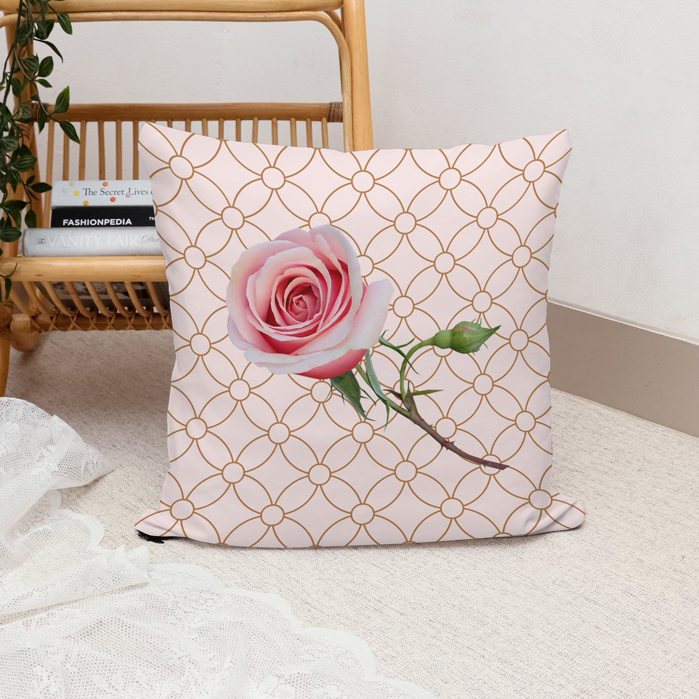 Cushion for the bedroom or lounge, pretty rose on a grid background.