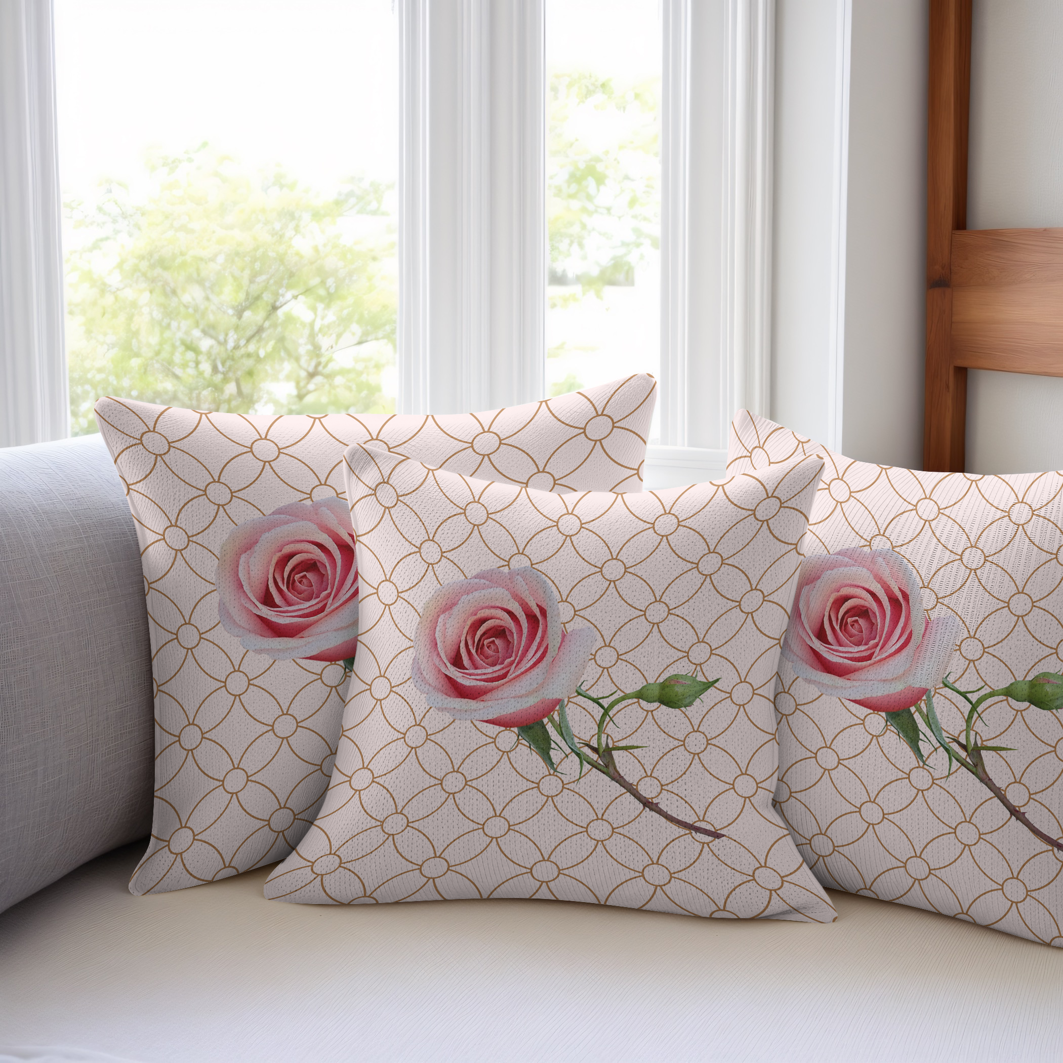 Cushion for the bedroom or lounge, pretty rose on a grid background.