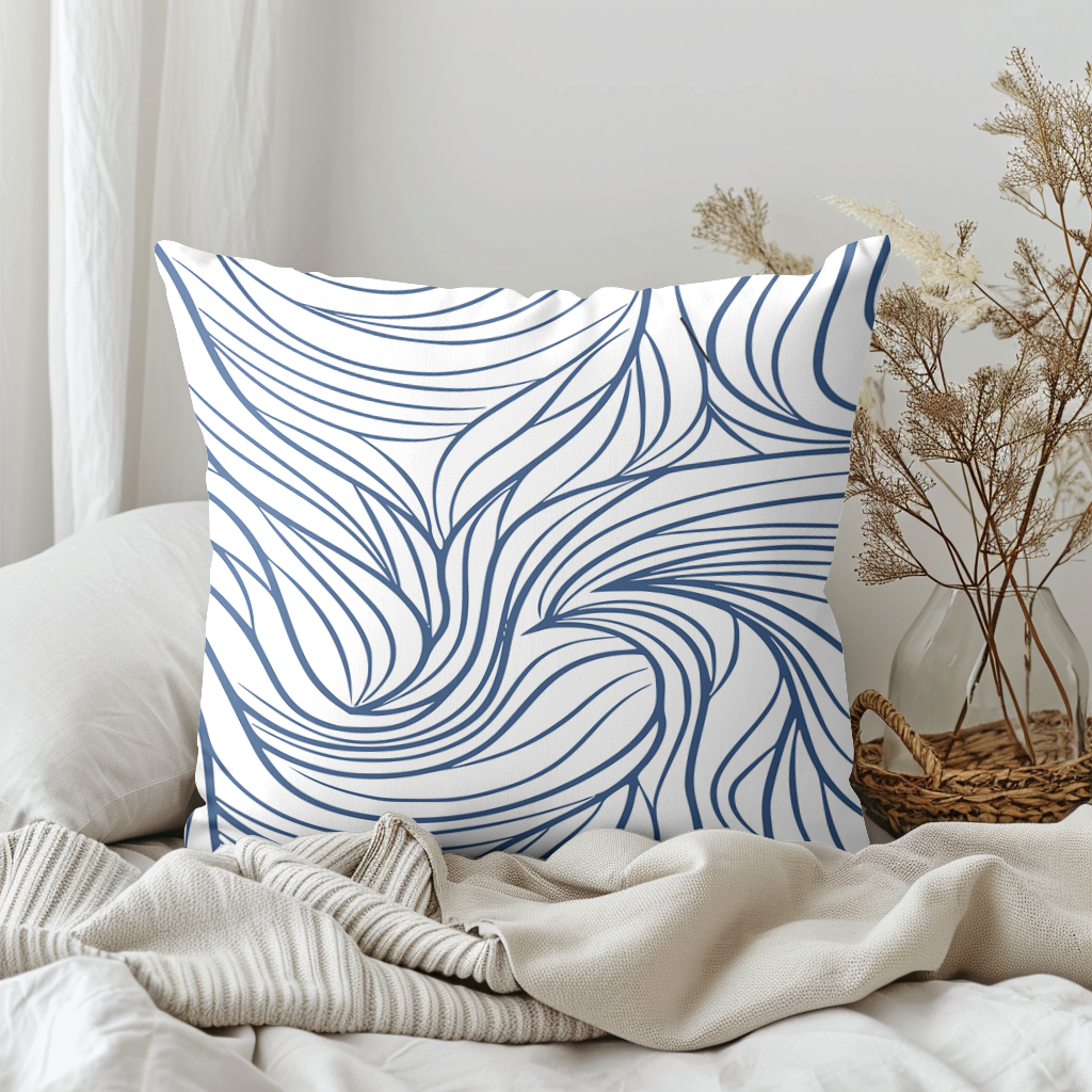 Fresh looking design of navy blue swirls on a white background.