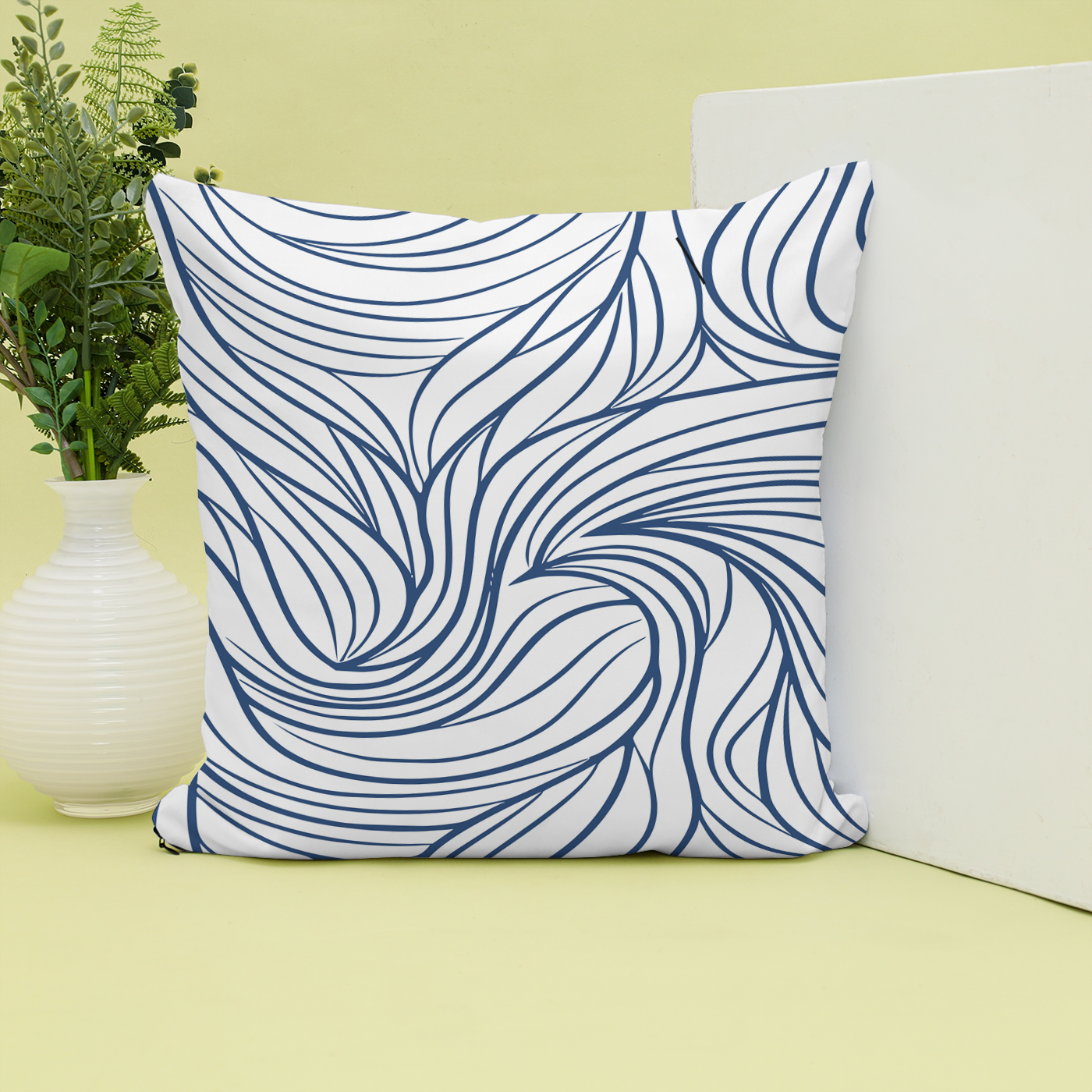 Fresh looking design of navy blue swirls on a white background.