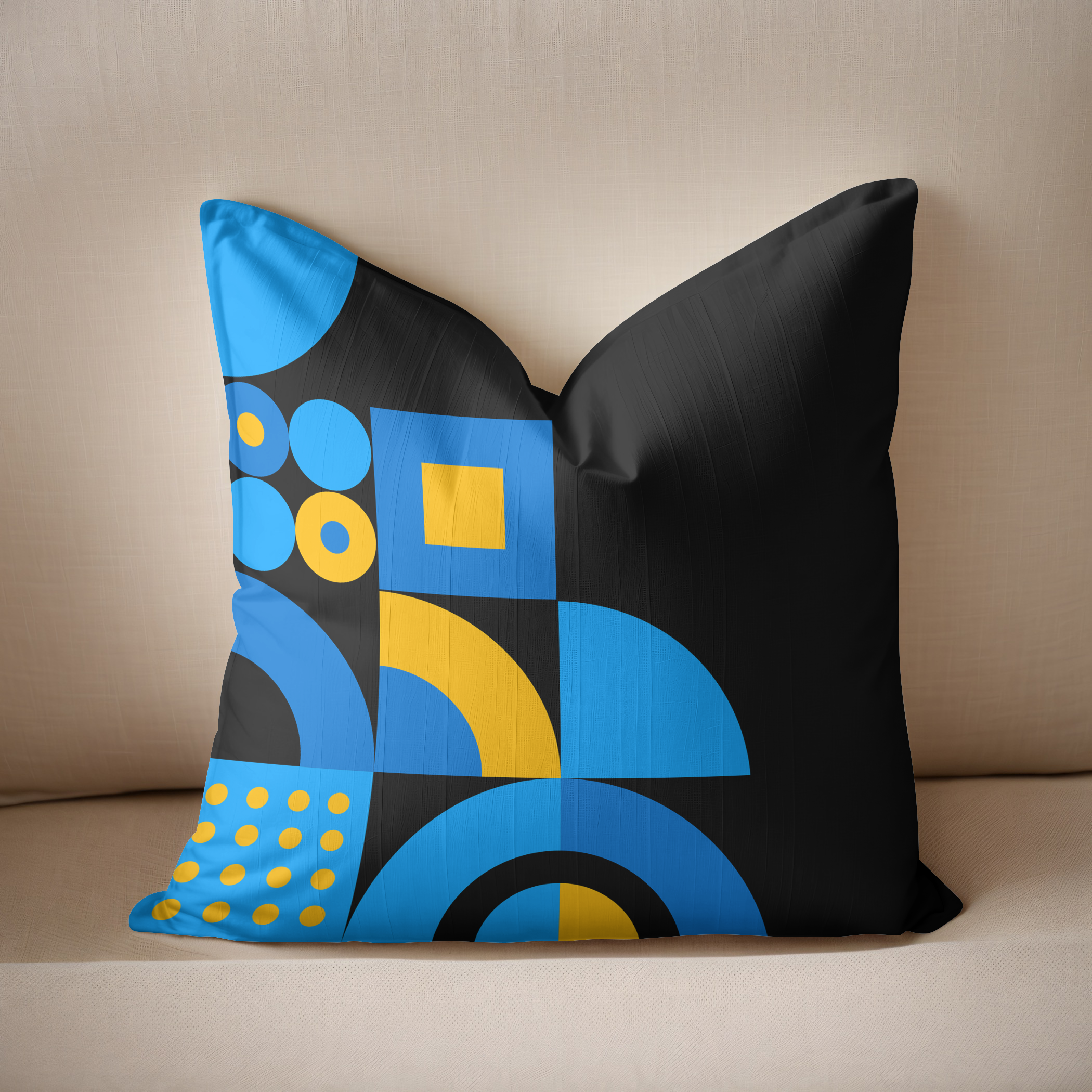 Blue and yellow on a black background, modern design on this cushion/pillow