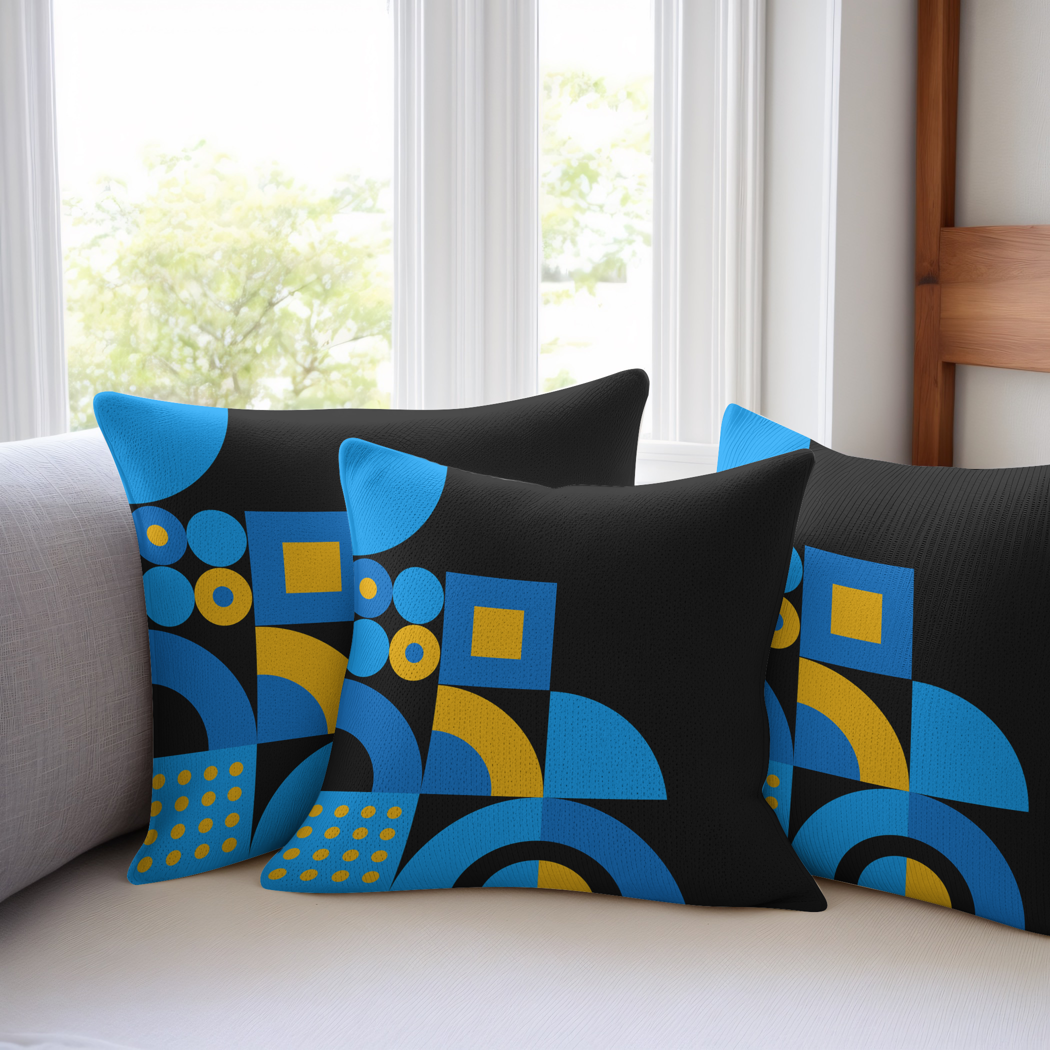 Blue and yellow on a black background, modern design on this cushion/pillow