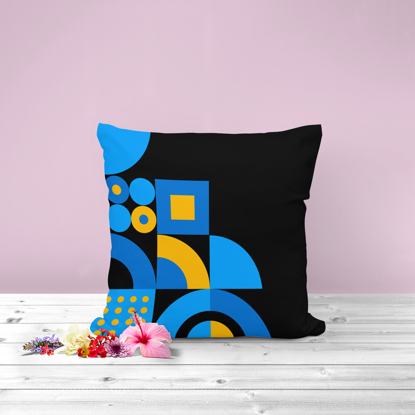 Blue and yellow on a black background, modern design on this cushion/pillow