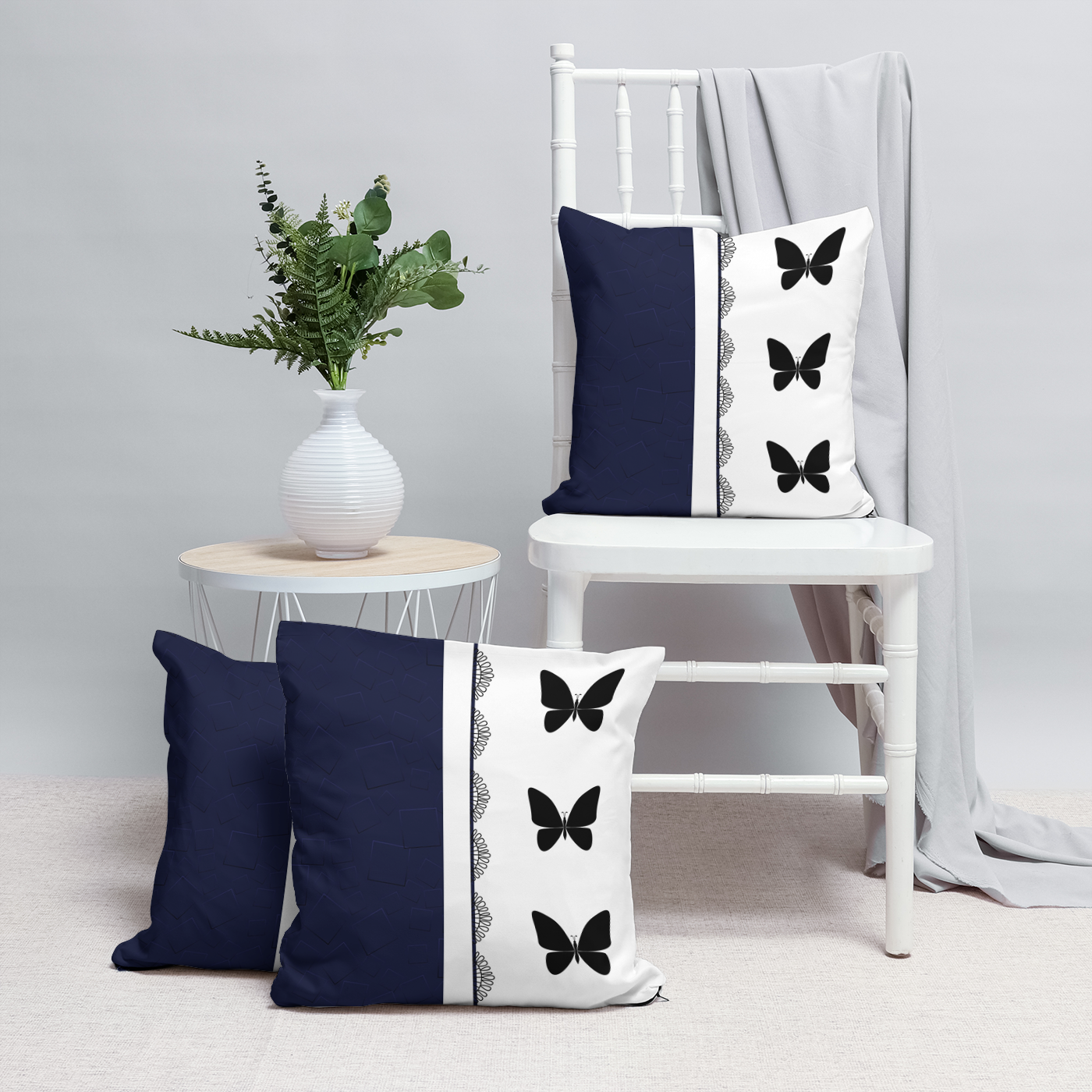 Navy Butterfly Cushion – Square Throw Pillow in Multiple Sizes