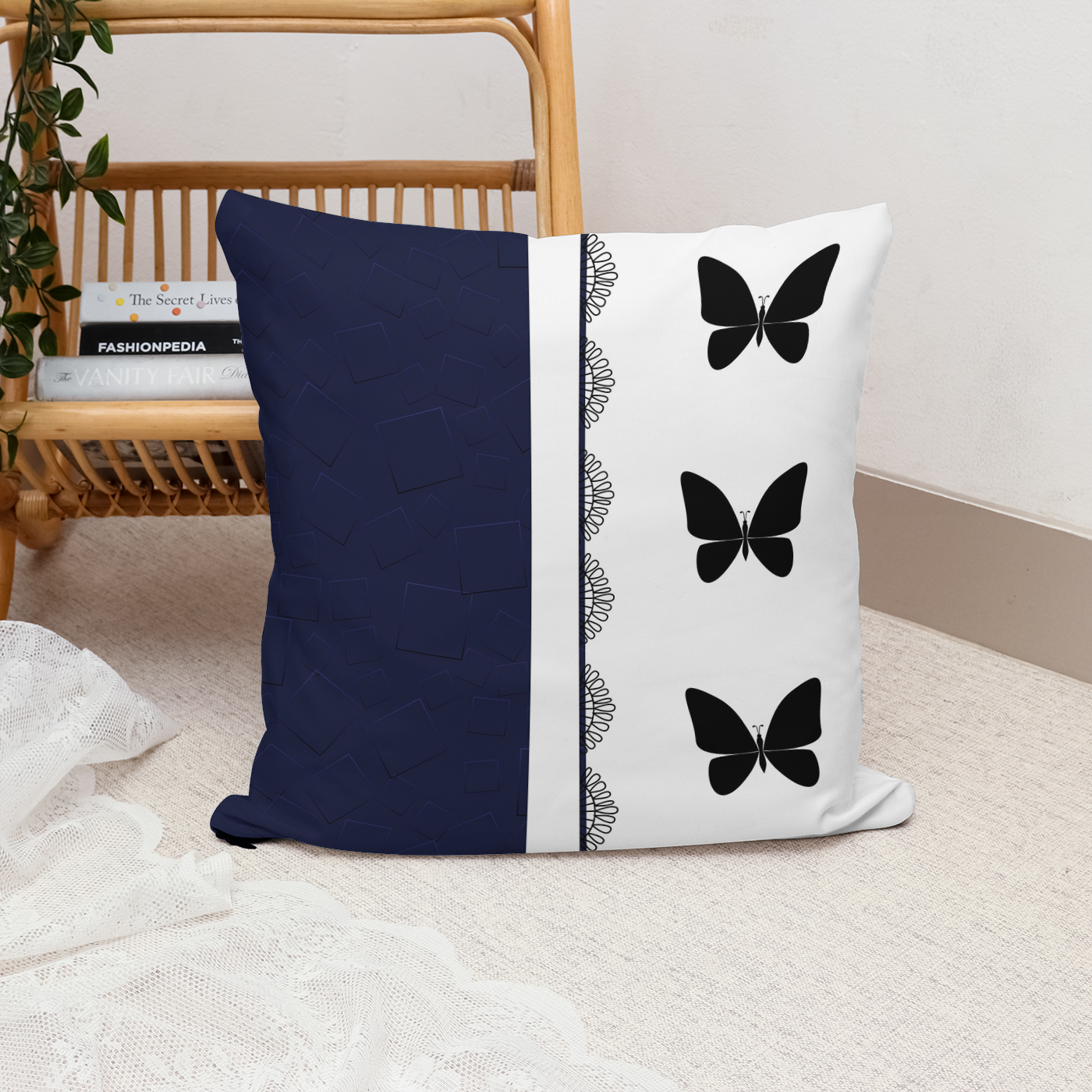 Navy Butterfly Cushion – Square Throw Pillow in Multiple Sizes