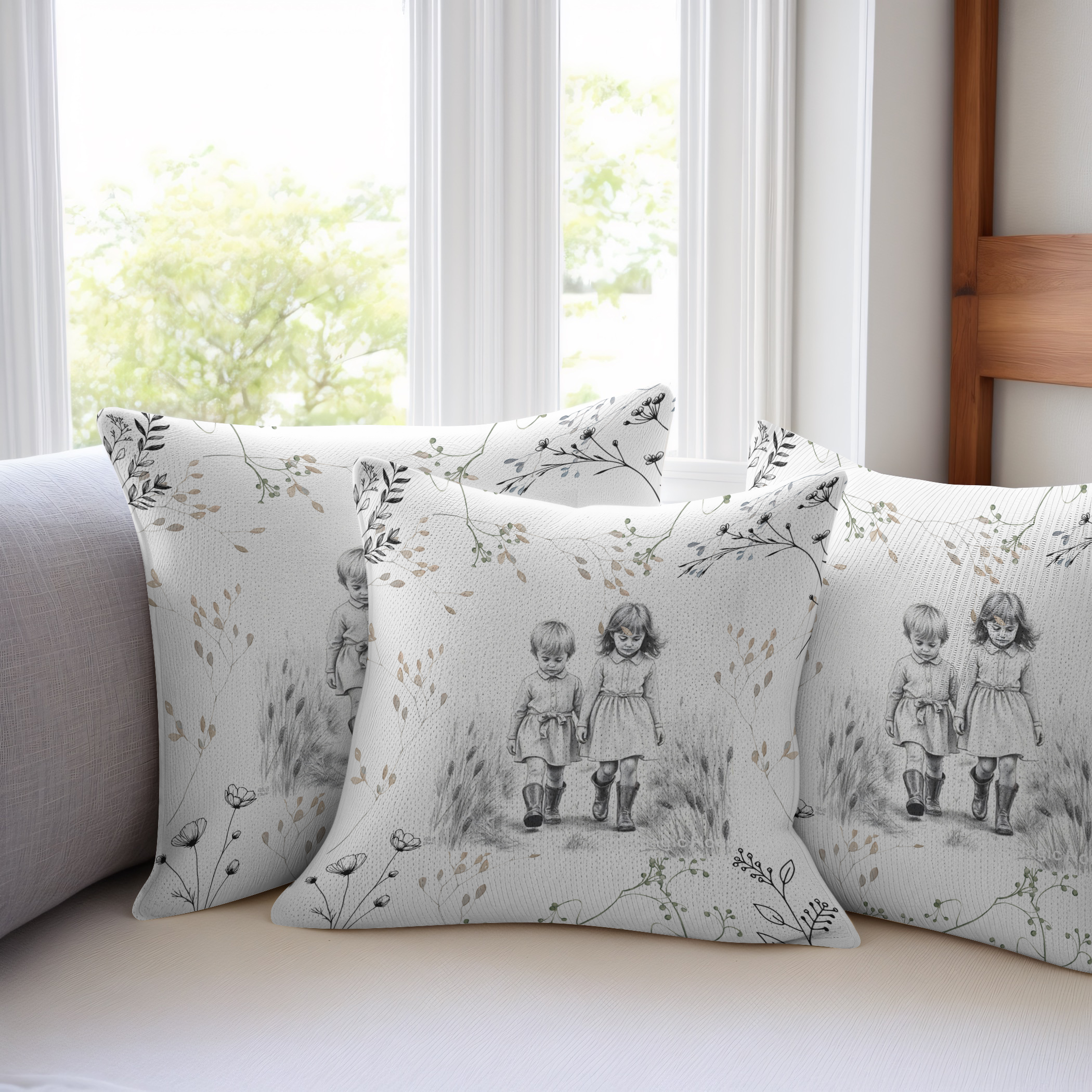 Cushion/Pillow with nostalgic image. Two kids walking in the field.