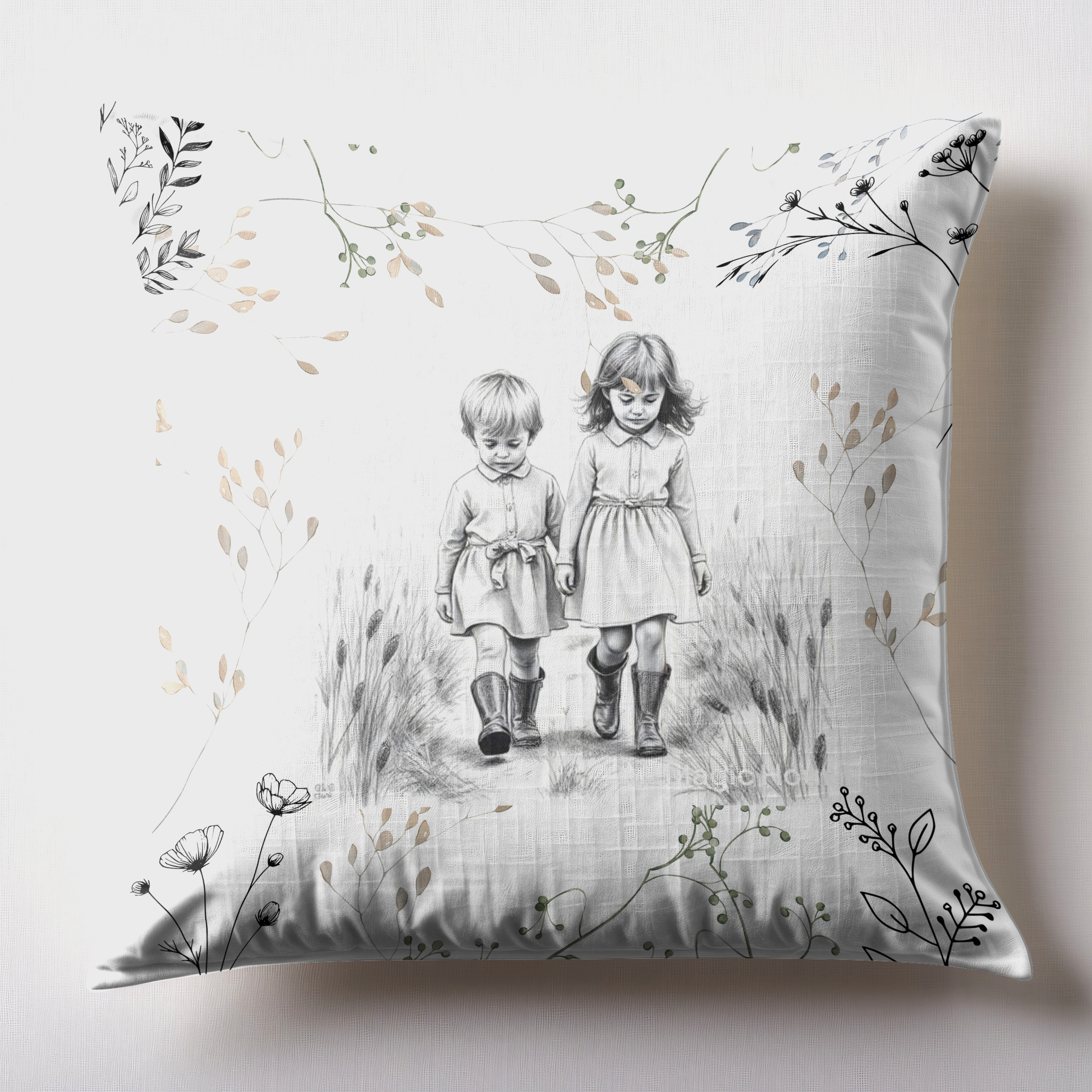 Cushion/Pillow with nostalgic image. Two kids walking in the field.