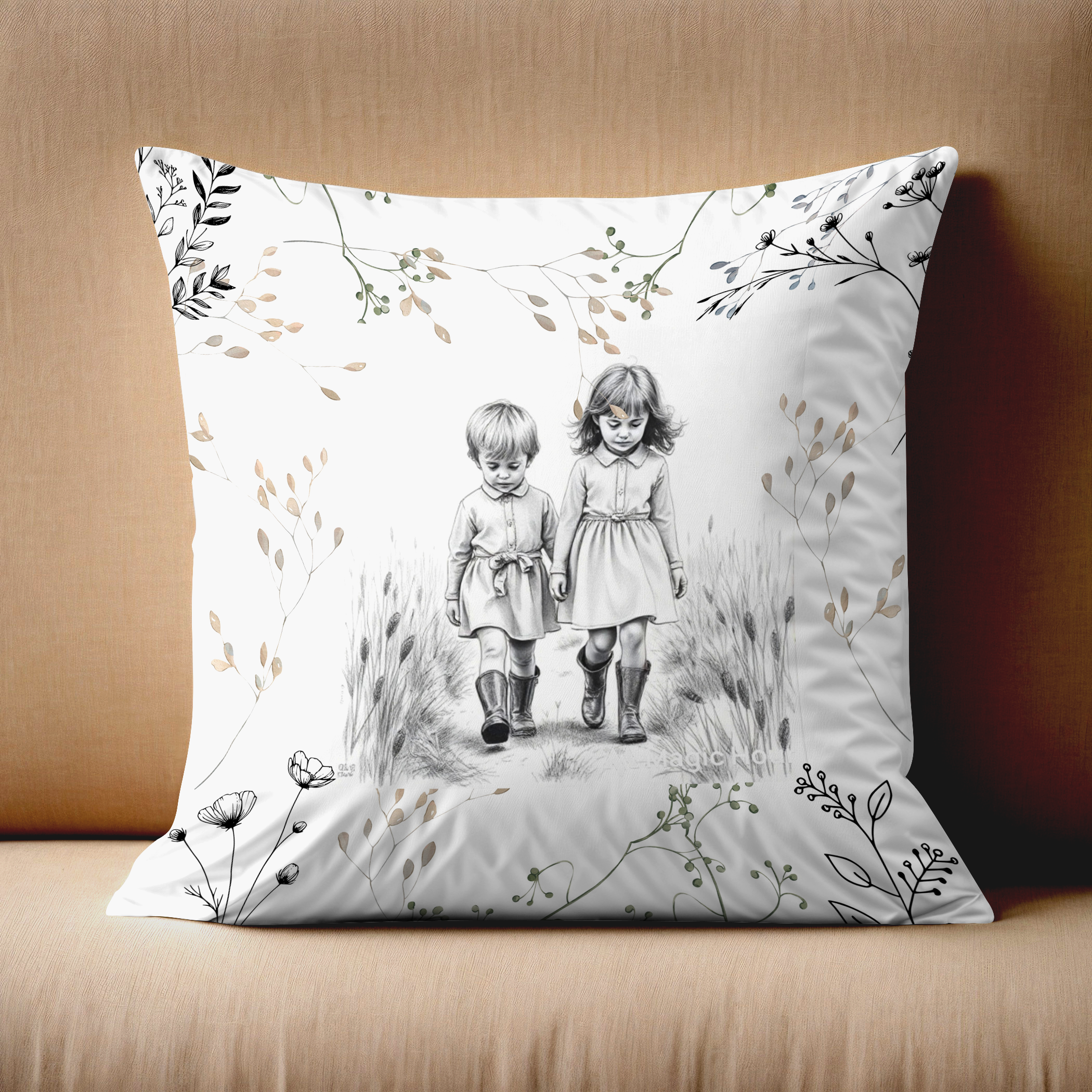 Cushion/Pillow with nostalgic image. Two kids walking in the field.