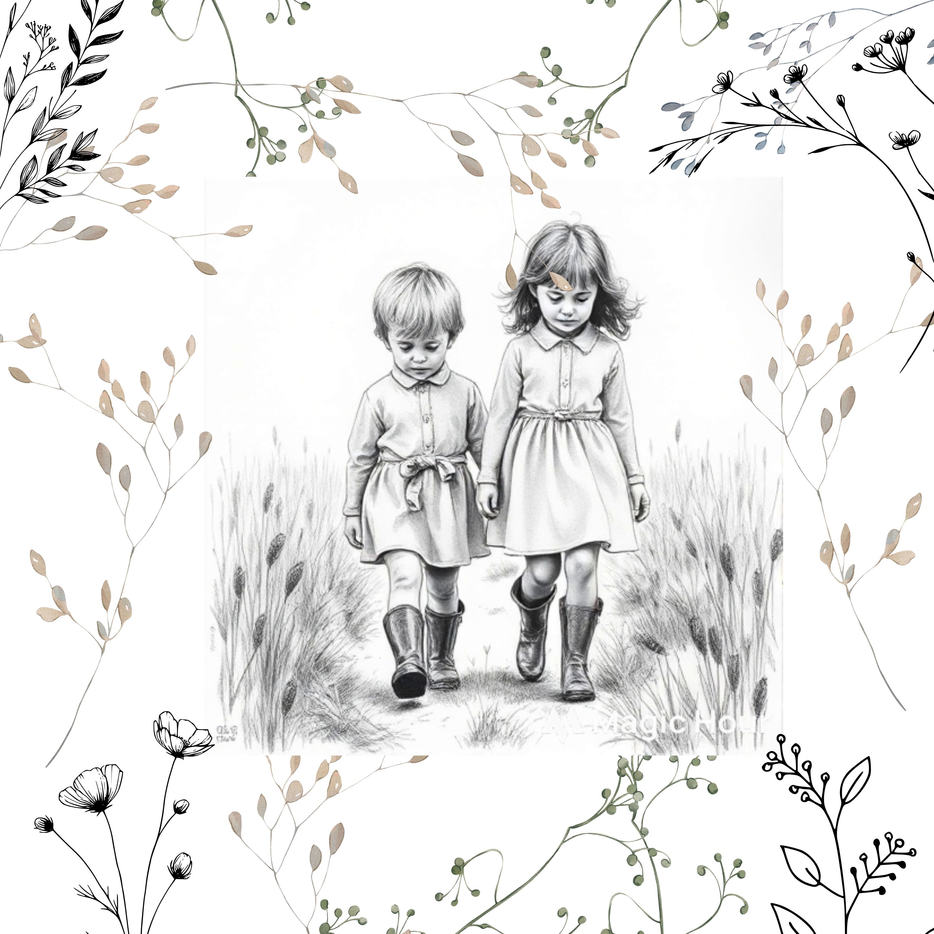Cushion/Pillow with nostalgic image. Two kids walking in the field.
