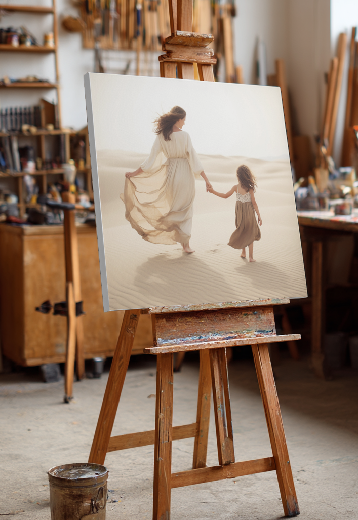 Canvas wall art, wonderful soft colour painting of mother and daughter 
