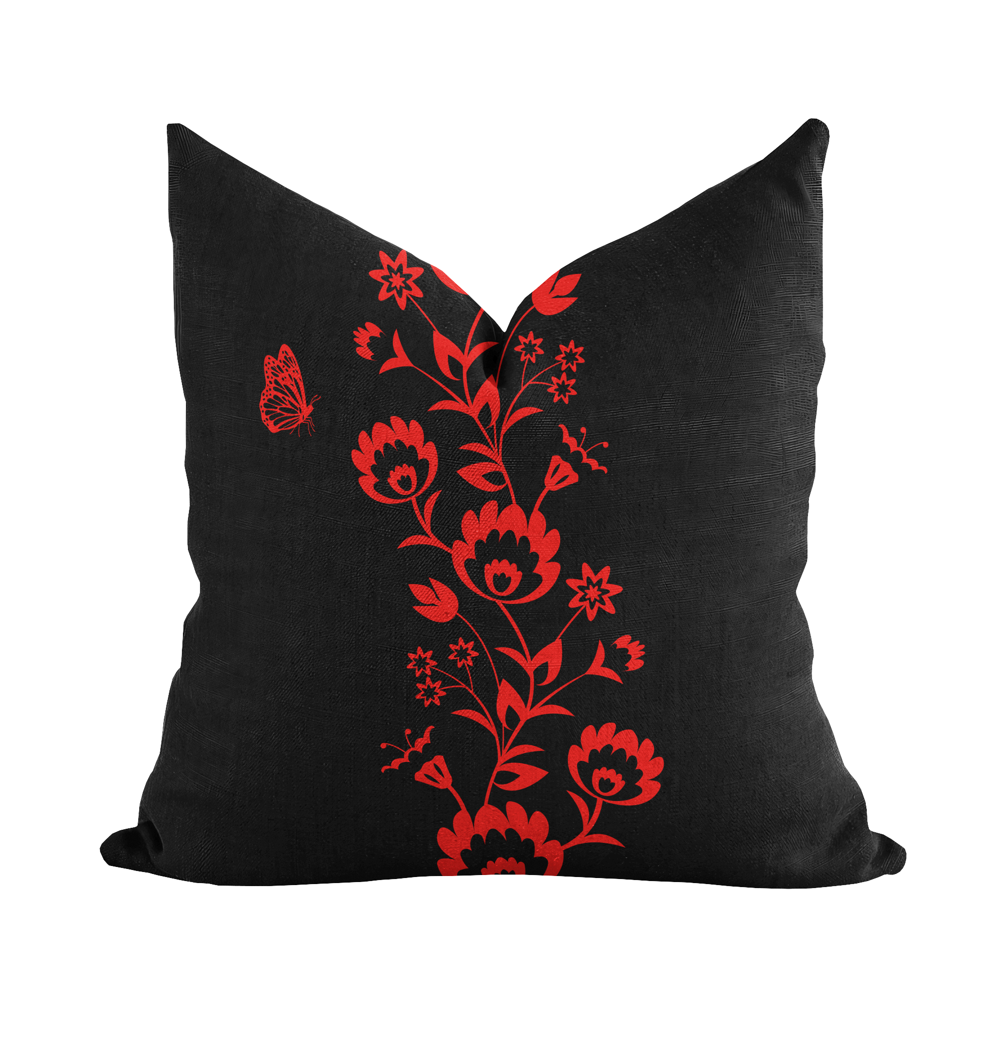 Patio cushion in black with a stunning red floral design through the middle.