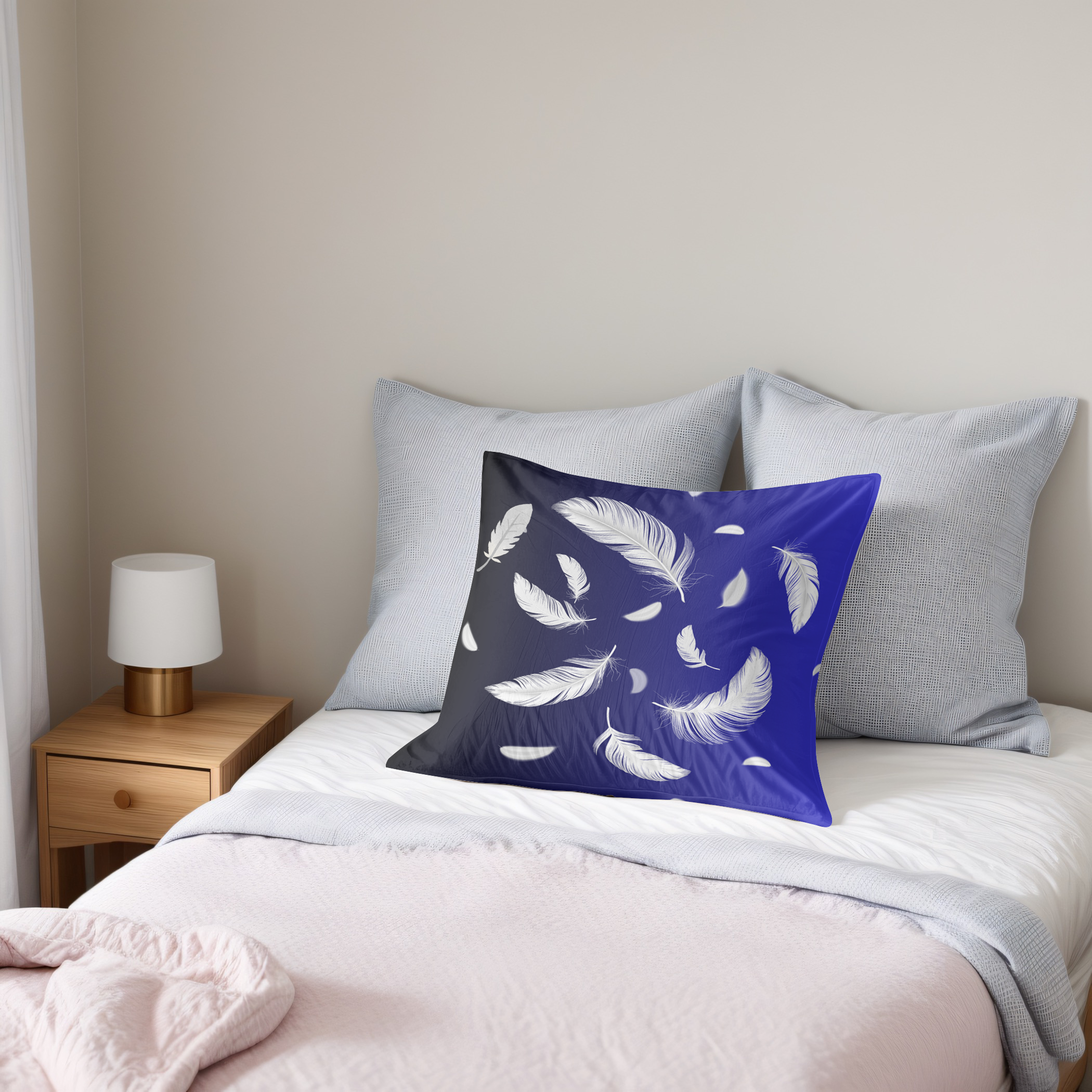 Dark blue cushion with feathers, various sizes