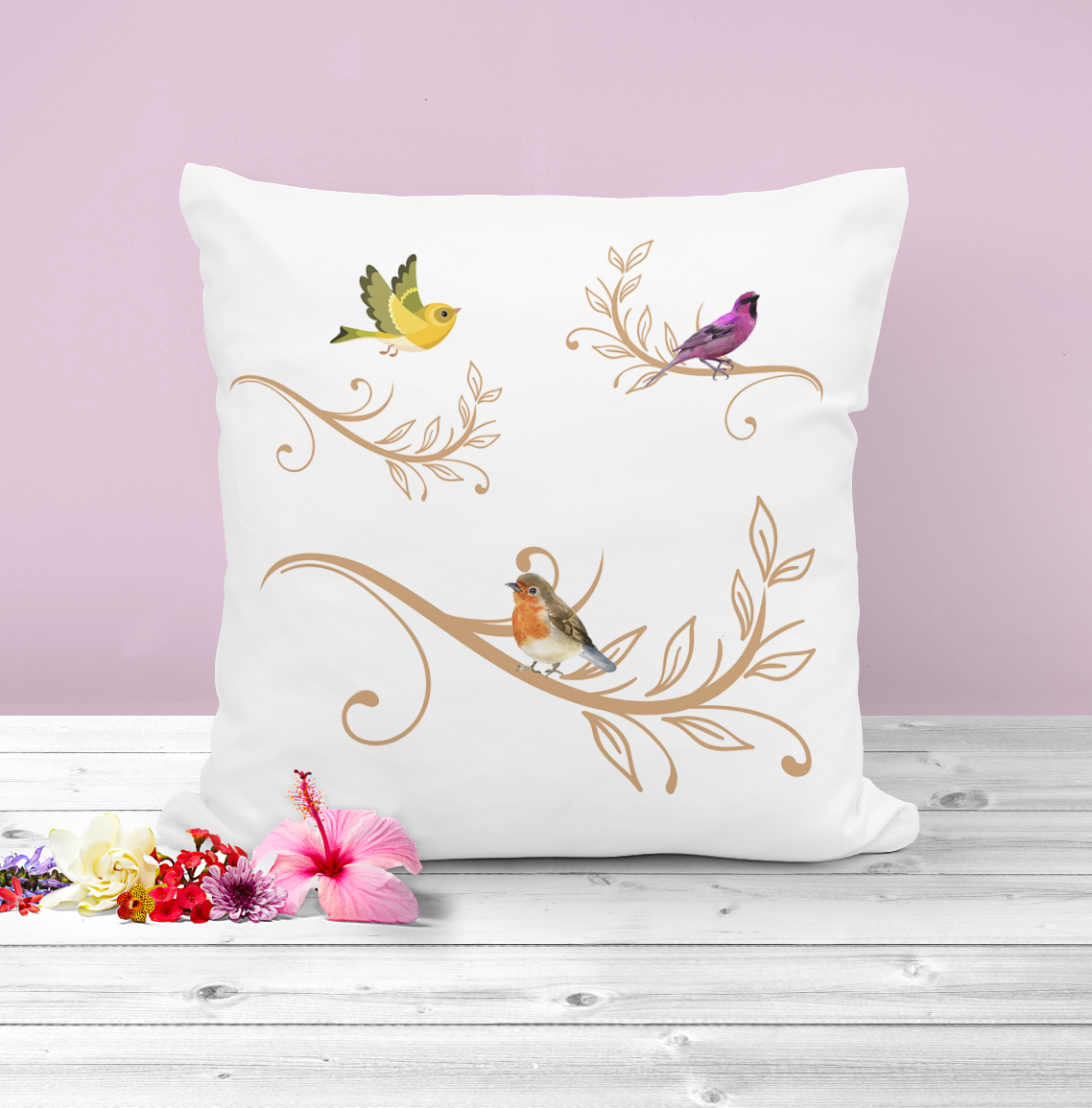 Decorative Bird cushion, attractive set up on a white background.