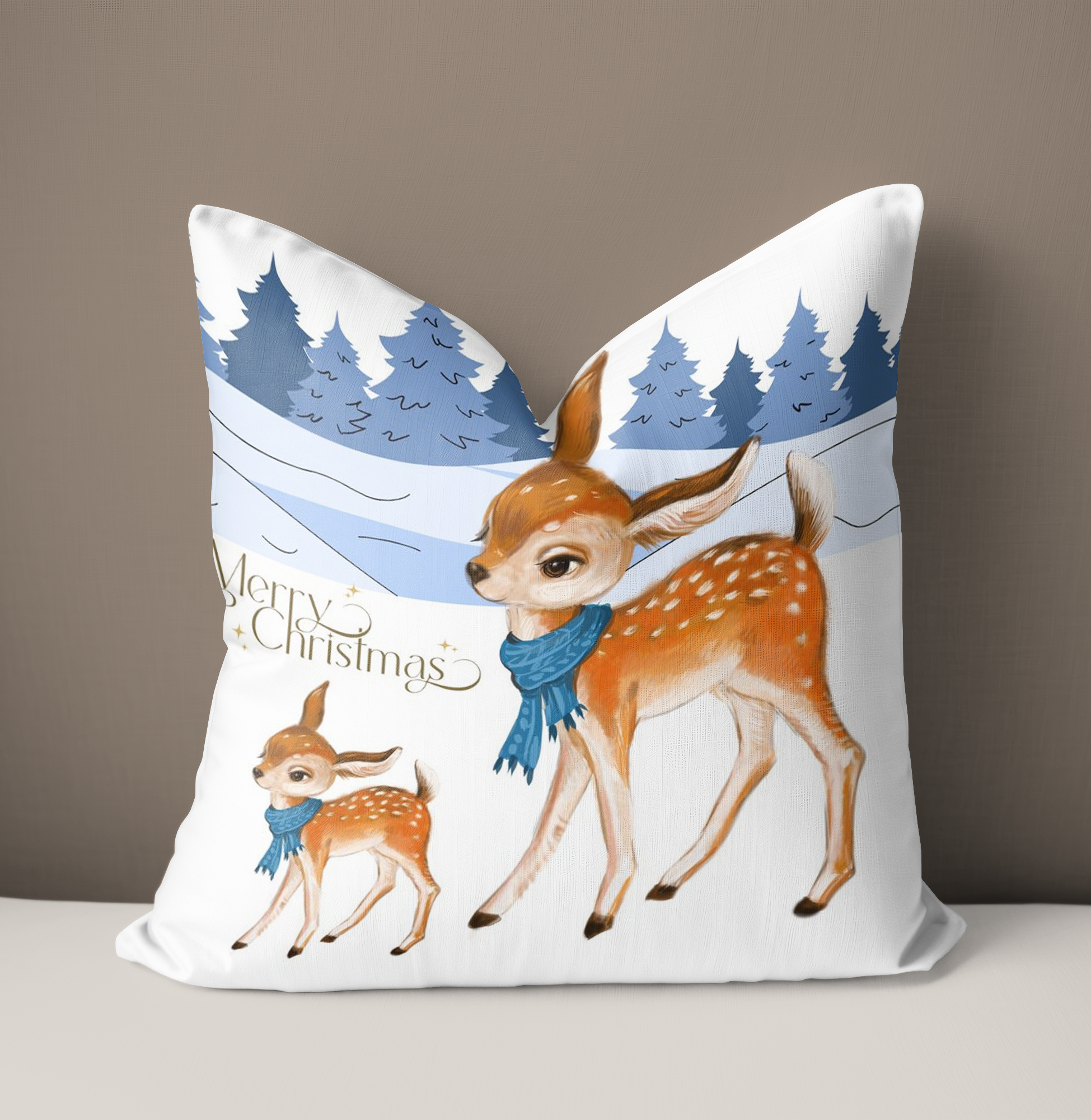 Christmas Deer Cushion, Christmas snow scene.