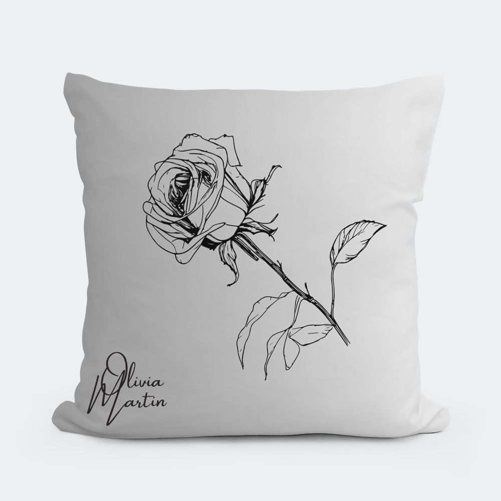 Rose Pencil Sketch cushion, gradient background from light grey to white, designed by Olivia Martin