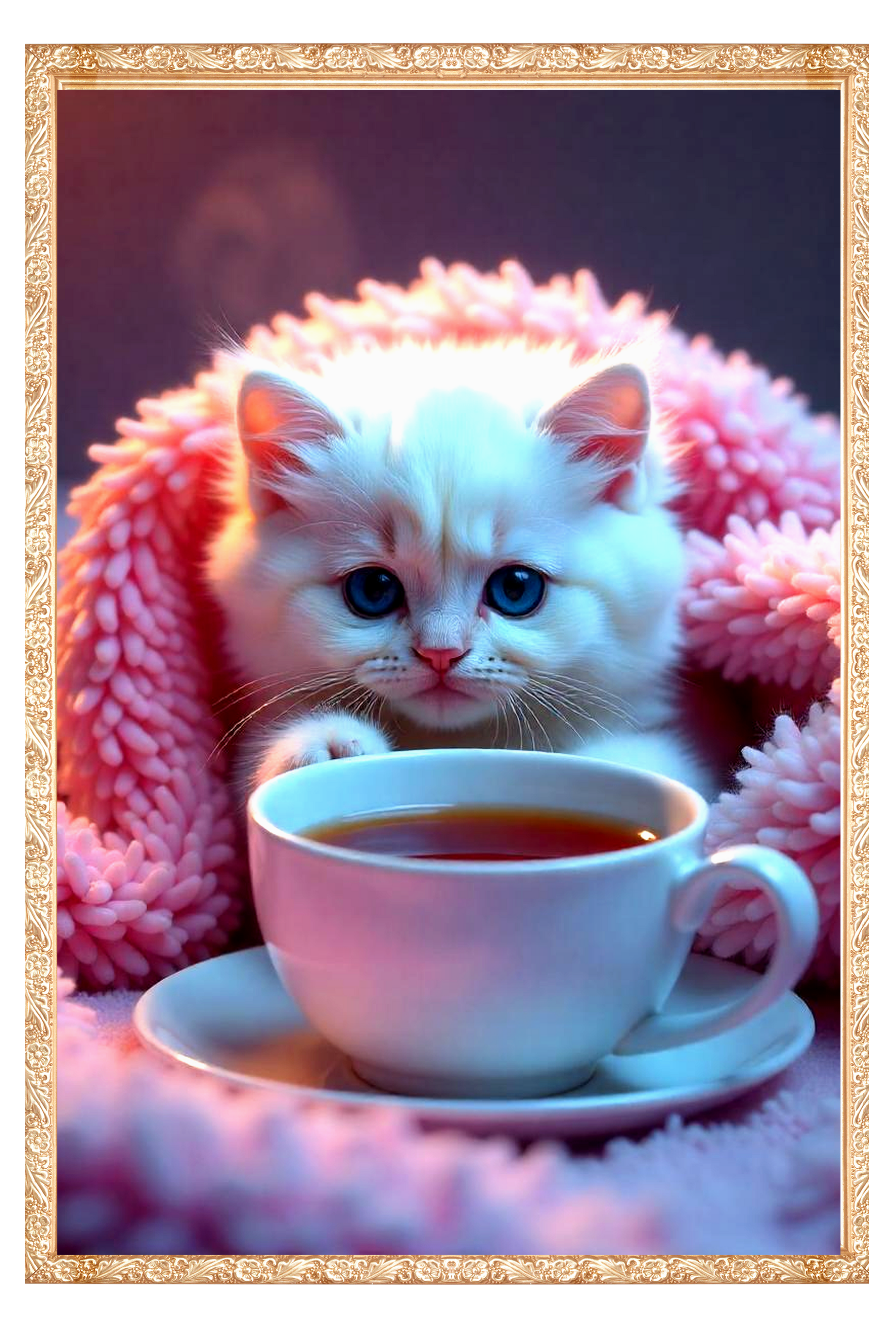 Framed Cozy Kitten canvas Art Print with its cup of tea. FROM THE WAREHOUSE