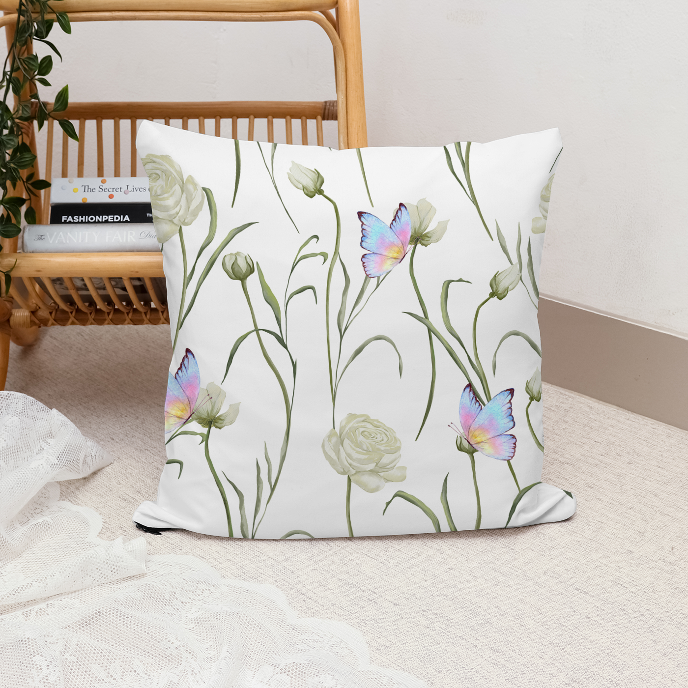 Floral Butterfly Print Cushion, pretty and elegant home accessory.