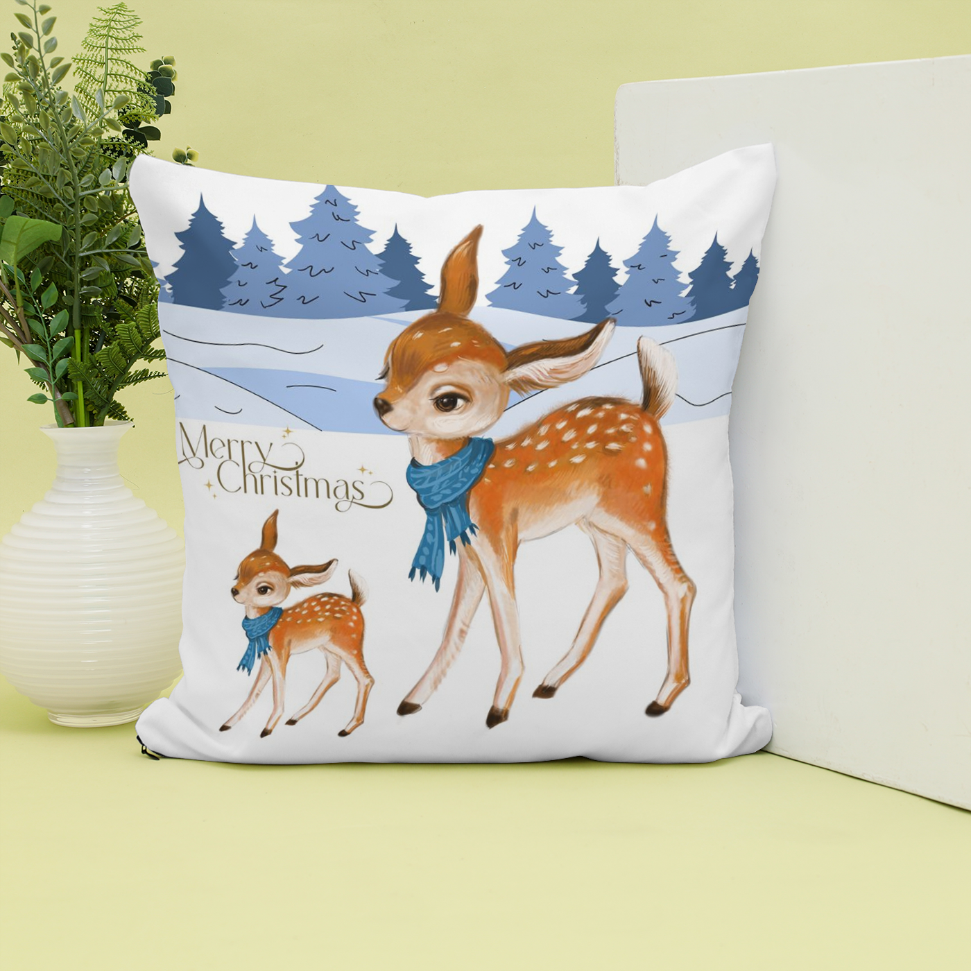 Christmas Deer Cushion, Christmas snow scene.