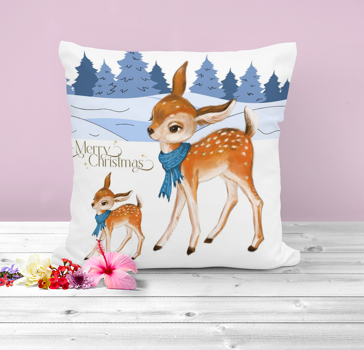 Christmas Deer Cushion, Christmas snow scene.