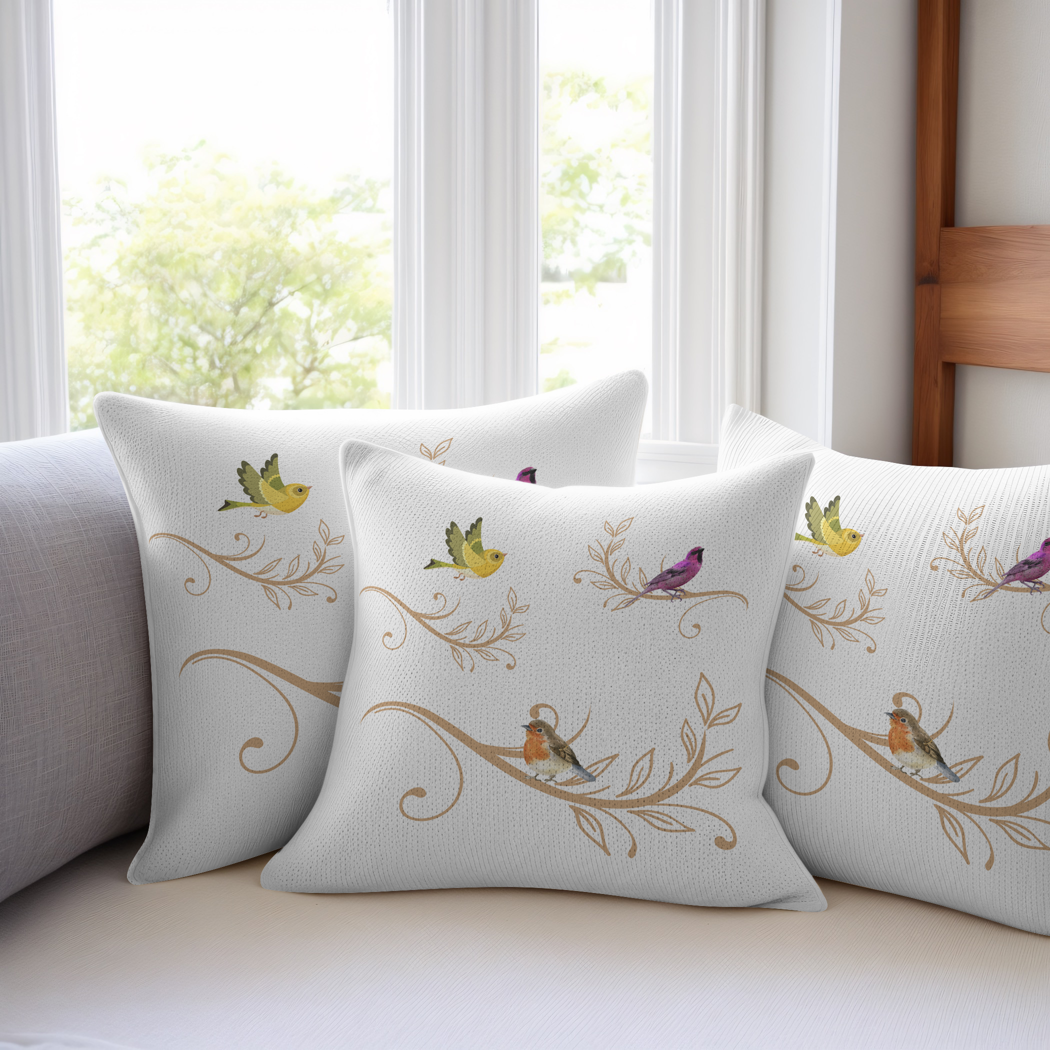 Decorative Bird cushion, attractive set up on a white background.