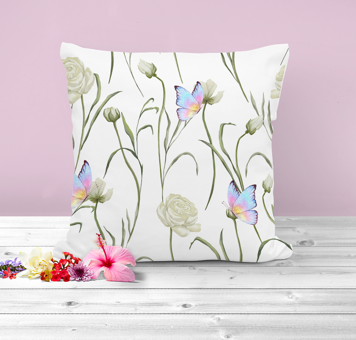 Floral Butterfly Print Cushion, pretty and elegant home accessory.