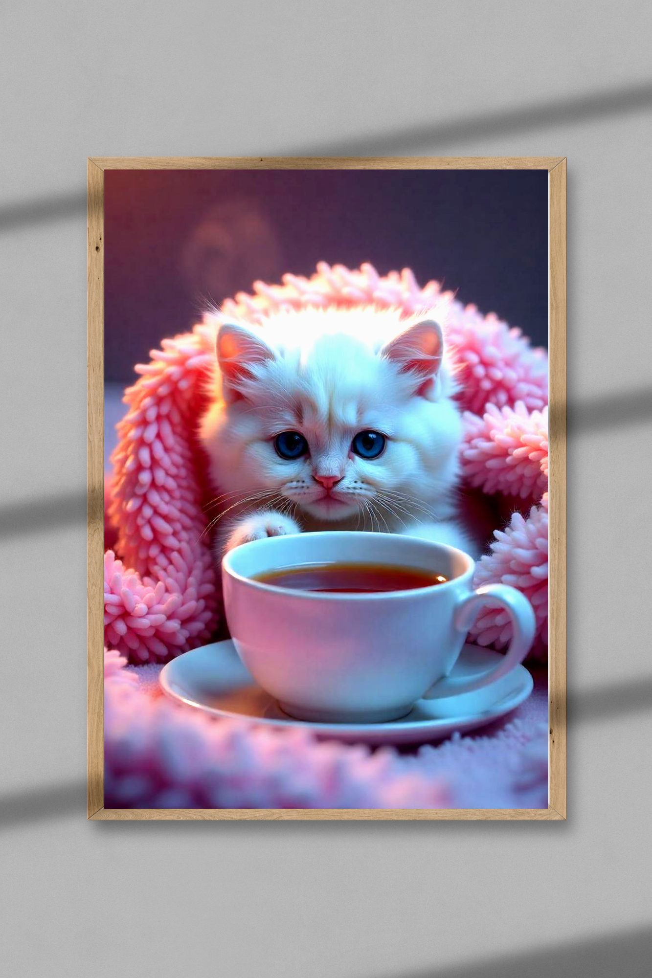 Framed Cozy Kitten canvas Art Print with its cup of tea. FROM THE WAREHOUSE