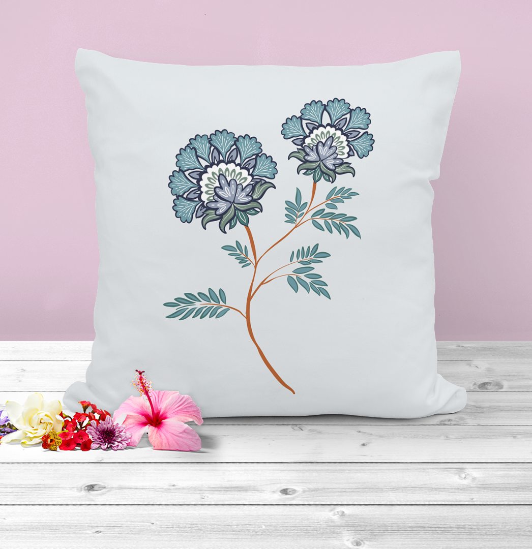 Floral Throw cushion. Light grey background.