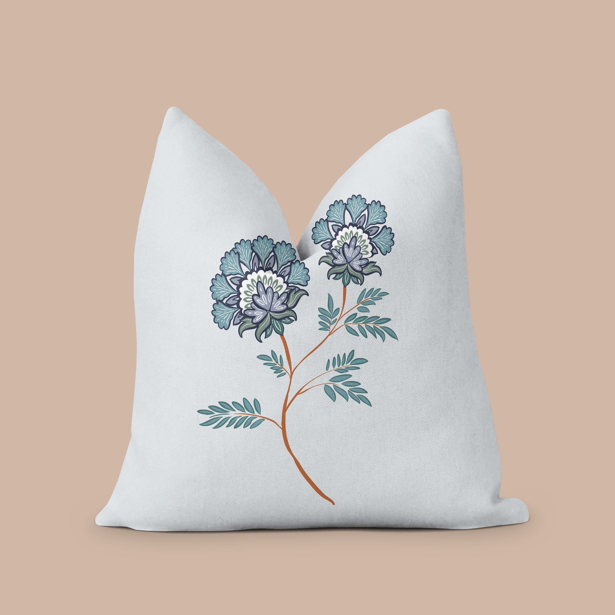 Floral Throw cushion. Light grey background.