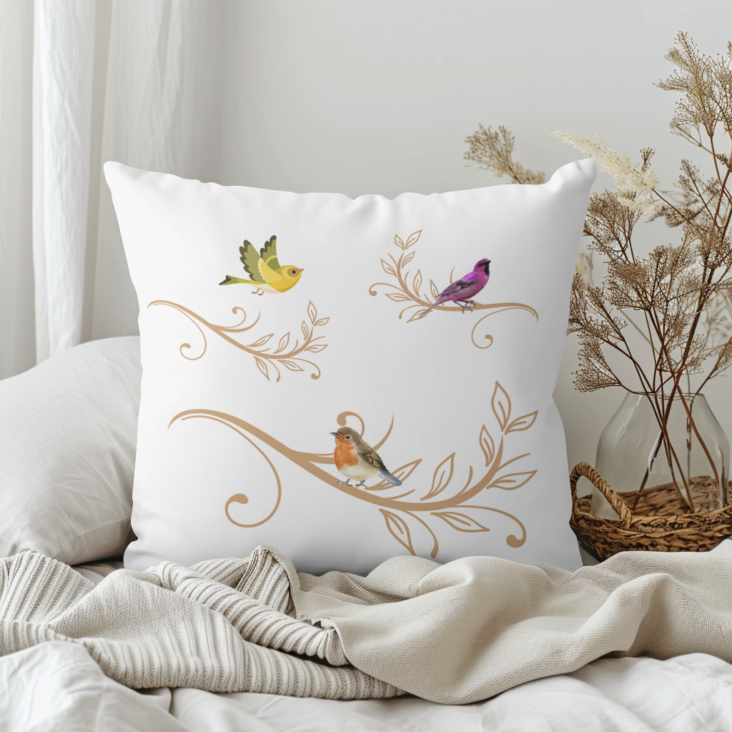 Decorative Bird cushion, attractive set up on a white background.