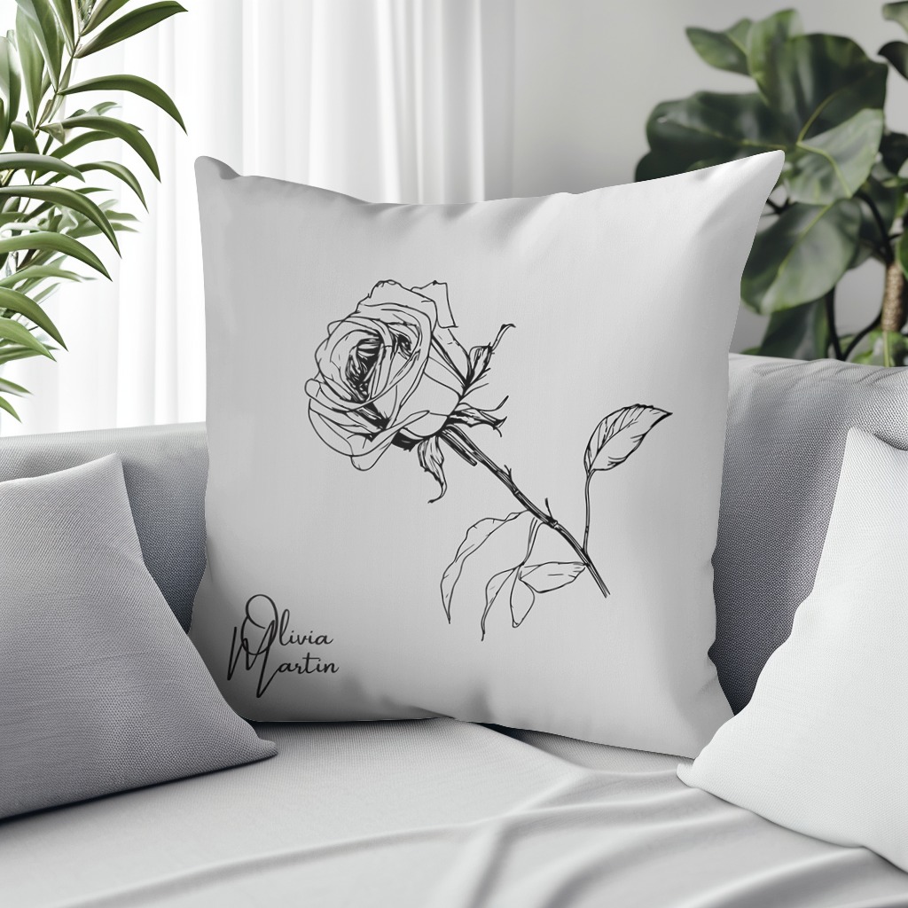 Rose Pencil Sketch cushion, gradient background from light grey to white, designed by Olivia Martin