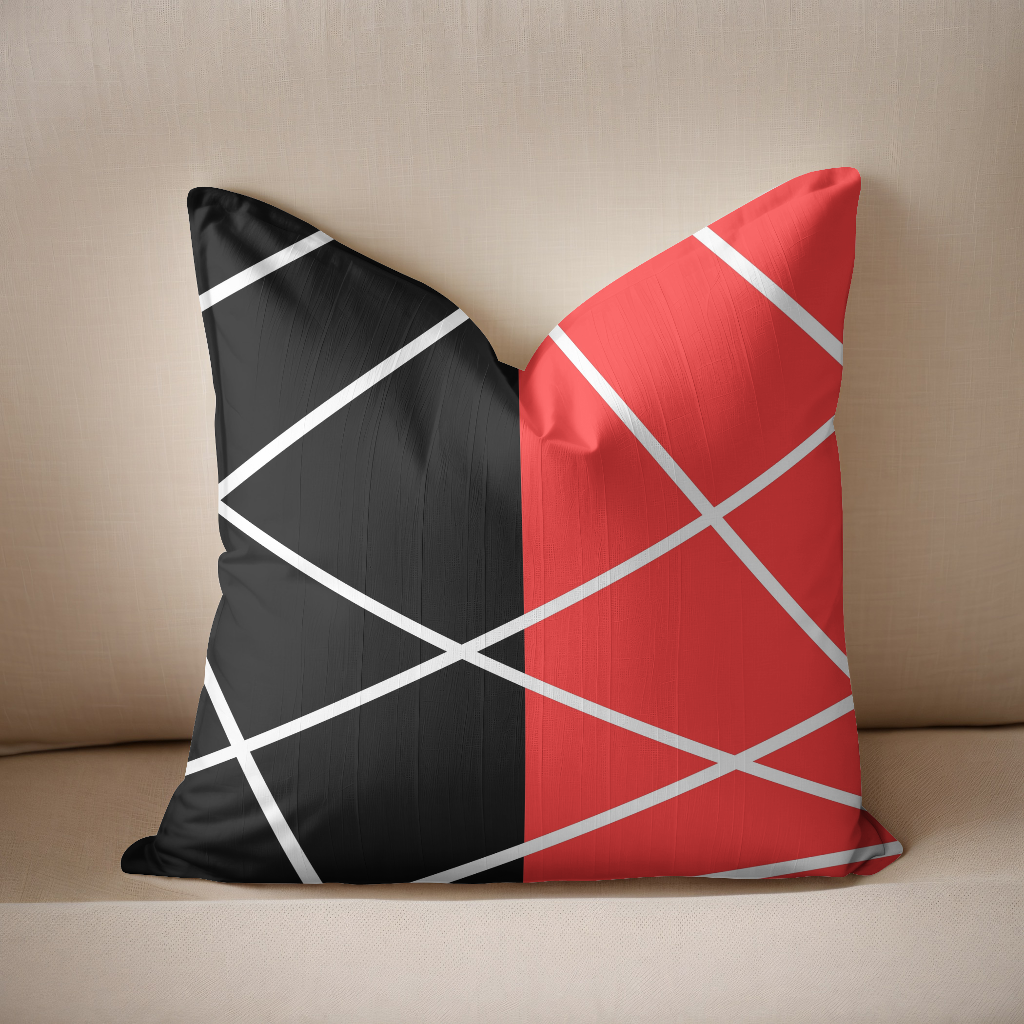 Stunning cushion in a fresh red, black, and white lines design.
