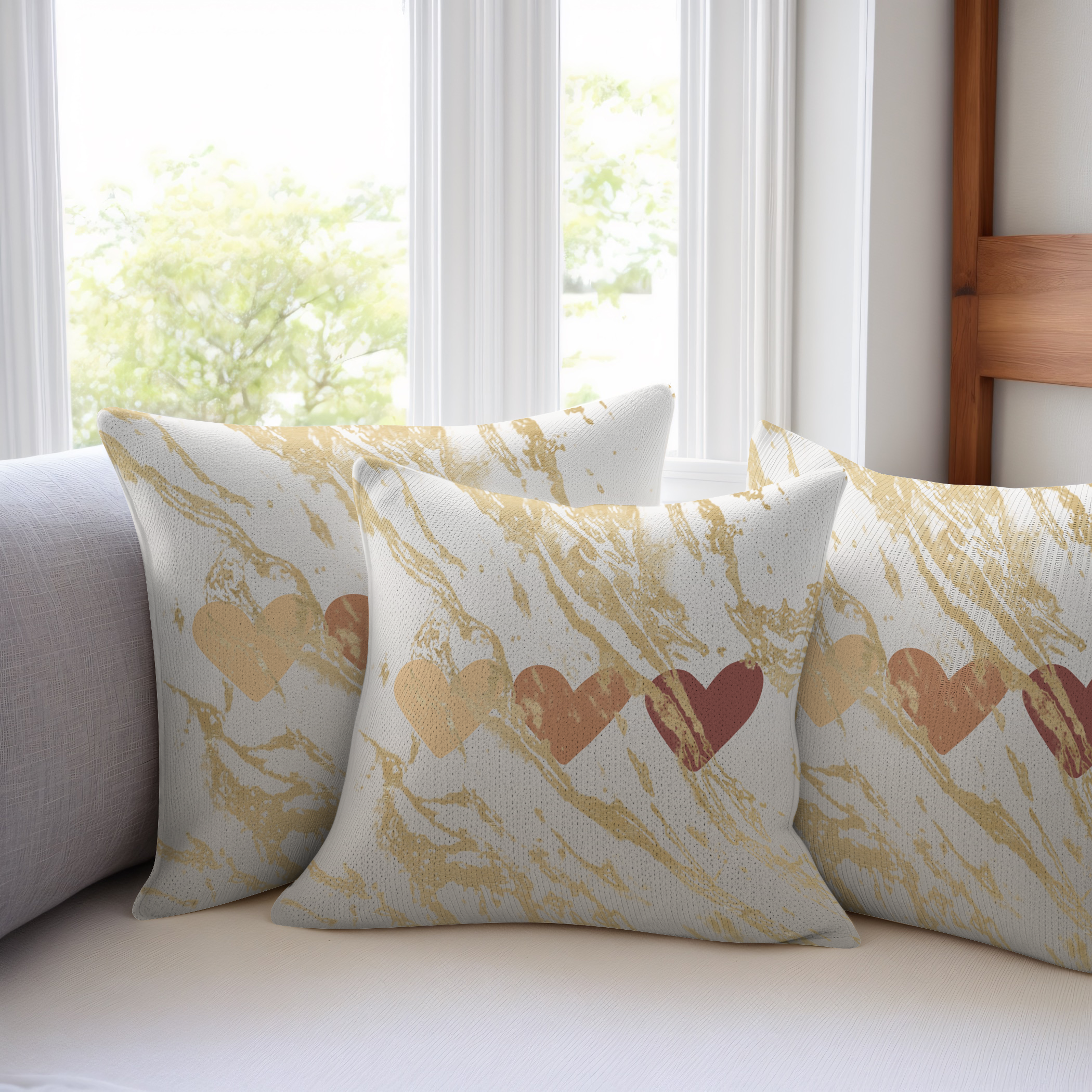 Marble Heart Print Cushion, with a golden overlay design